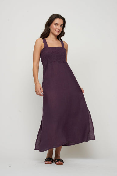 Pistache Bunched Linen Sleeveless Dress - Deep Violet Clothing - Dresses + Jumpsuits - Dresses - Long Dresses by Pistache | Grace the Boutique