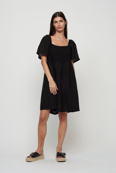Pistache Linen Bunched Sun Dress - Black Clothing - Dresses + Jumpsuits - Dresses - Short Dresses by Pistache | Grace the Boutique