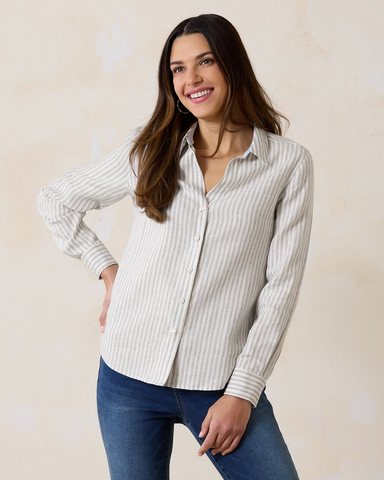 Tommy Bahama Ocean Surf Striped Shirt - Khaki Clothing - Tops - Shirts - Blouses - Blouses Mid Price by Tommy Bahama | Grace the Boutique