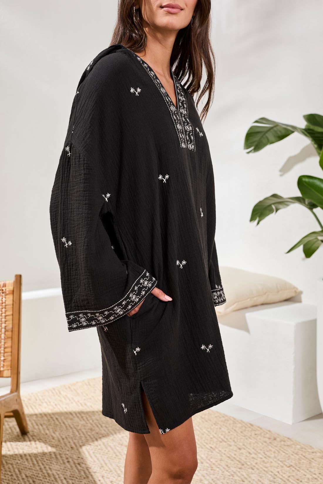 Tribal Embroidered Tunic Dress - Black