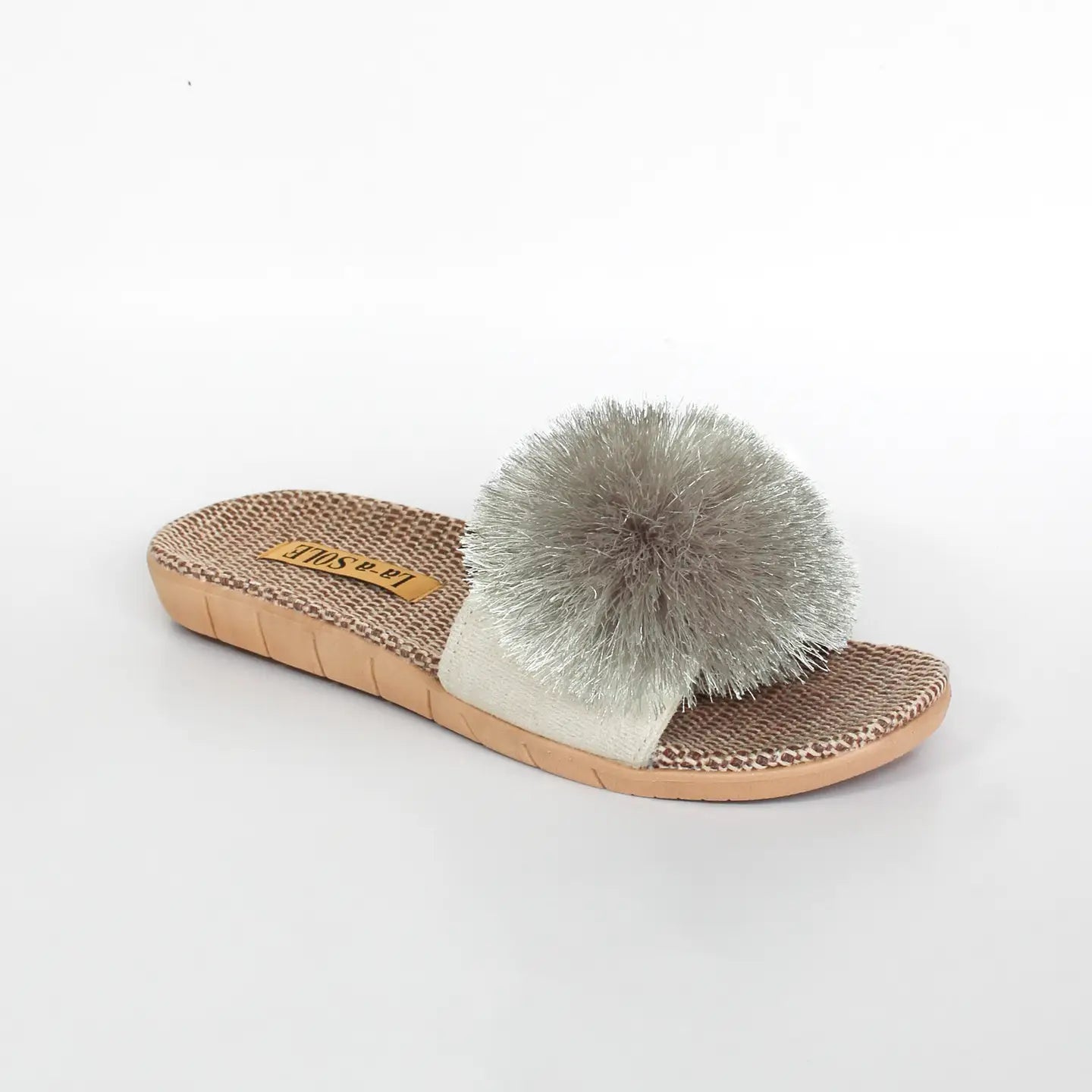La-a SOLE Pom Pom Slides - Silver