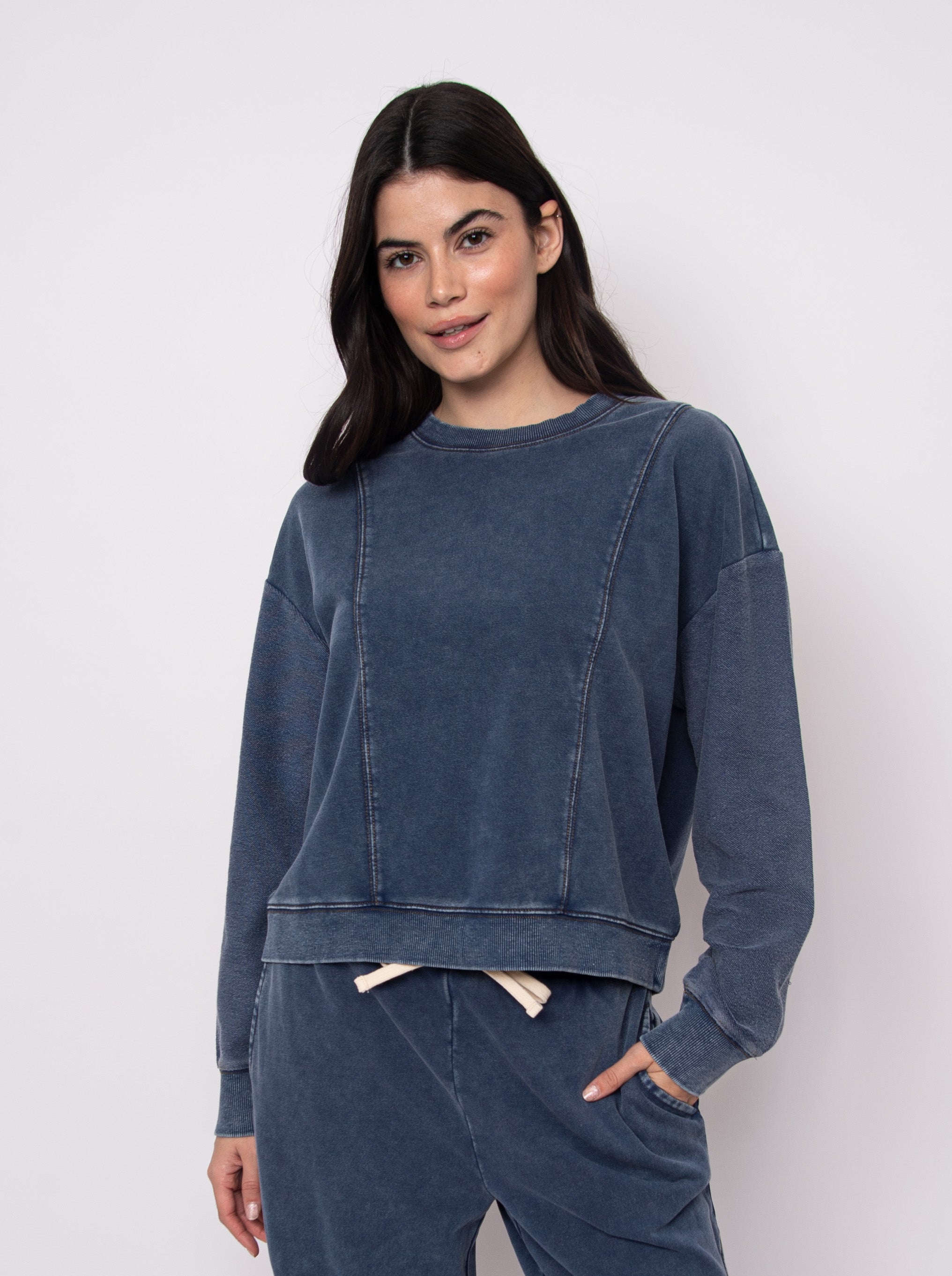 RD Kacey Denim Look French Terry Pullover - Denim Blue