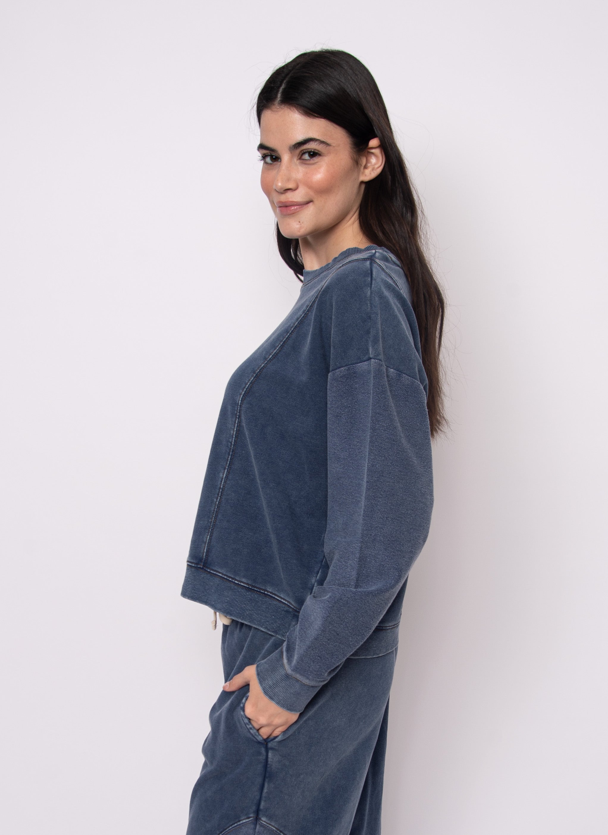 RD Kacey Denim Look French Terry Pullover - Denim Blue