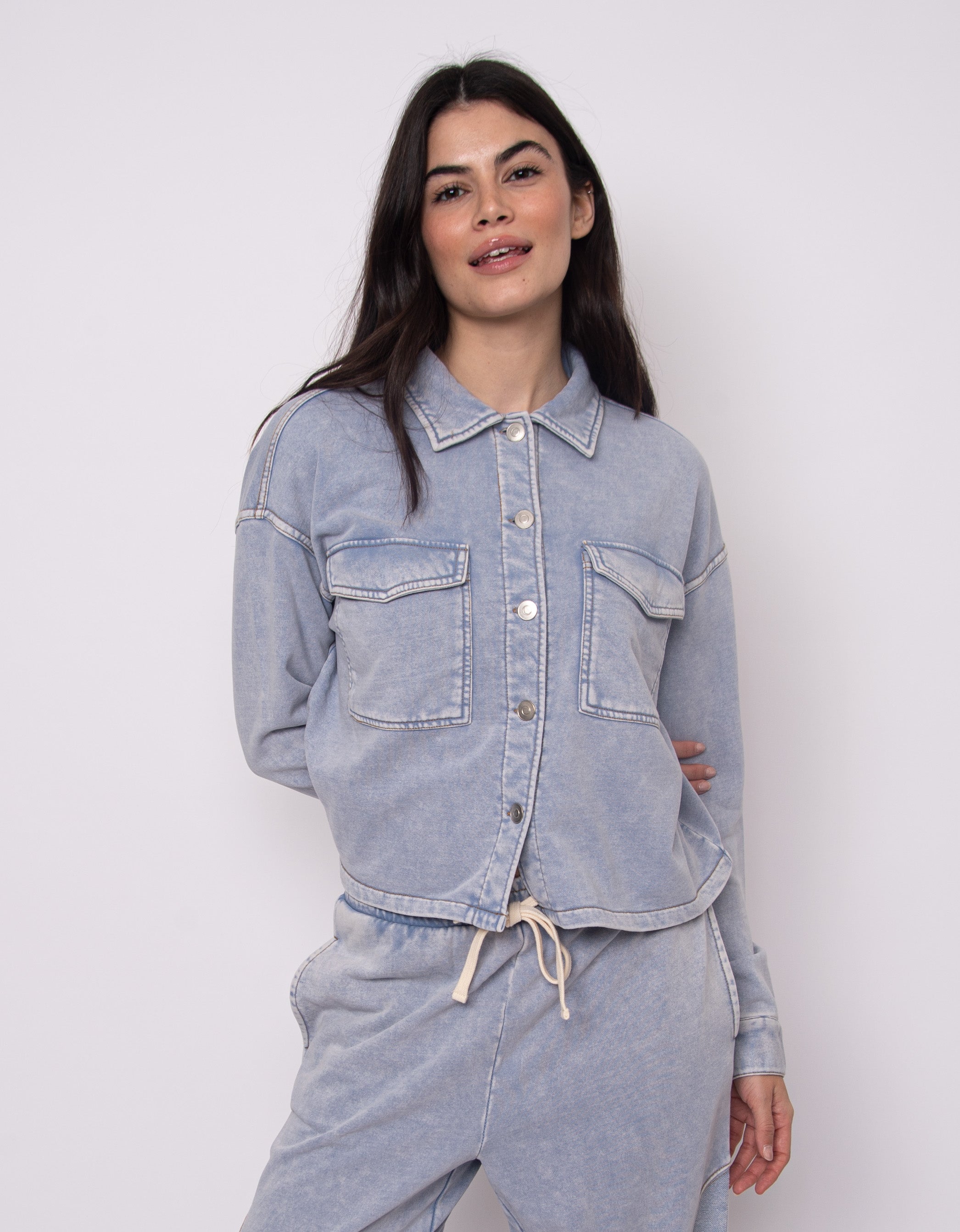 RD Nara Denim Look French Terry Button Up - Ash Blue
