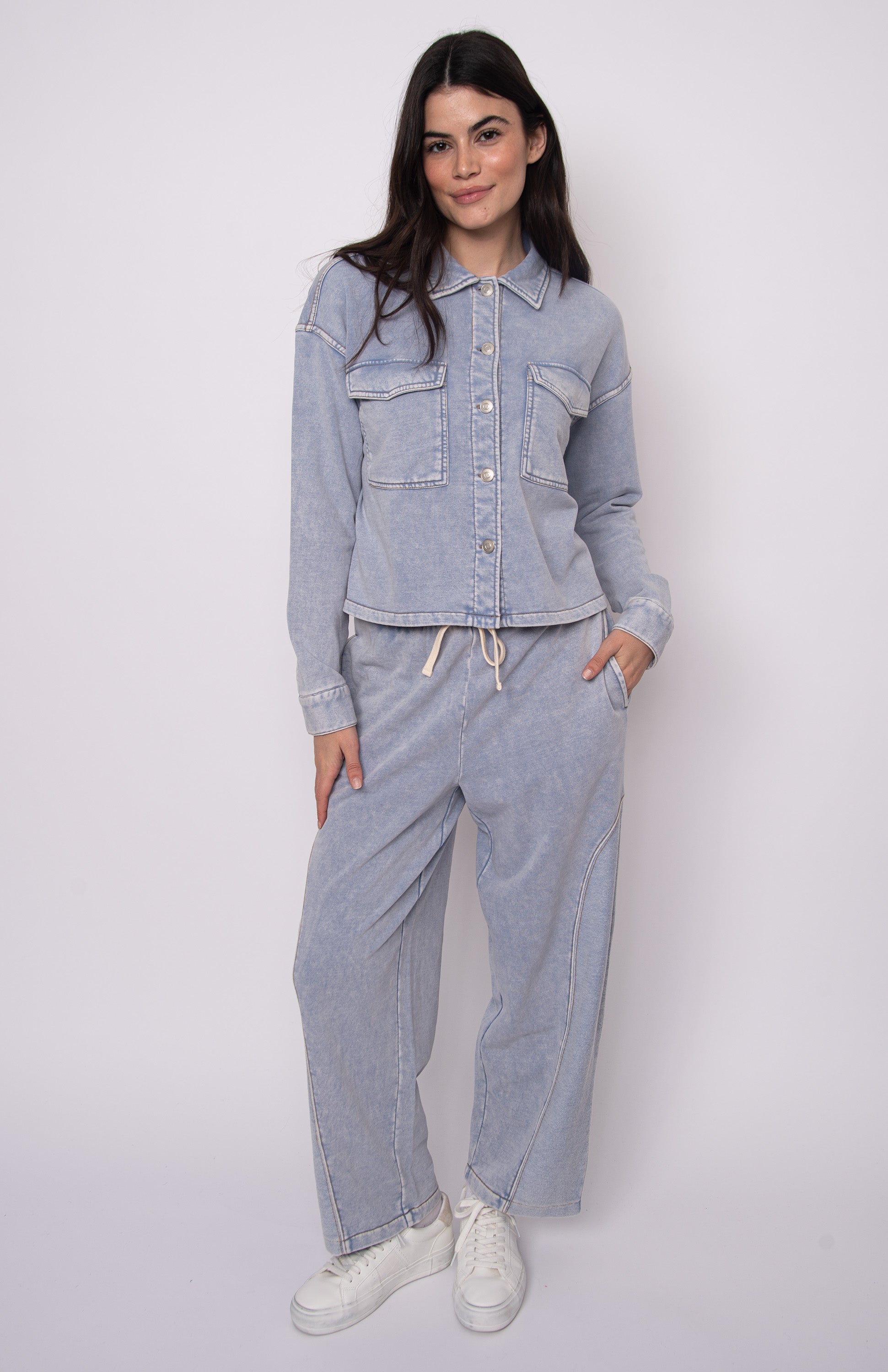 RD Nara Denim Look French Terry Button Up - Ash Blue