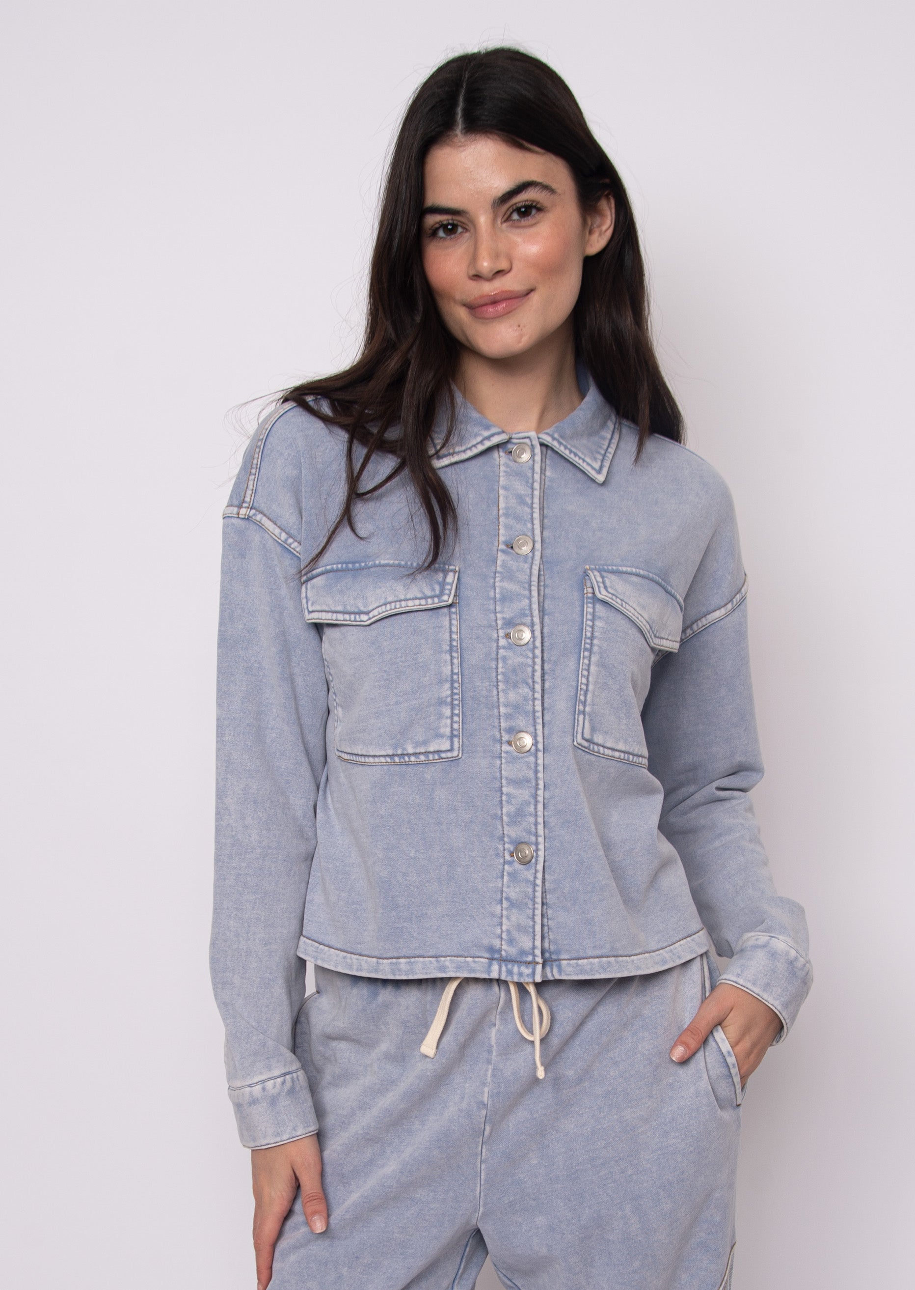 RD Nara Denim Look French Terry Button Up - Ash Blue