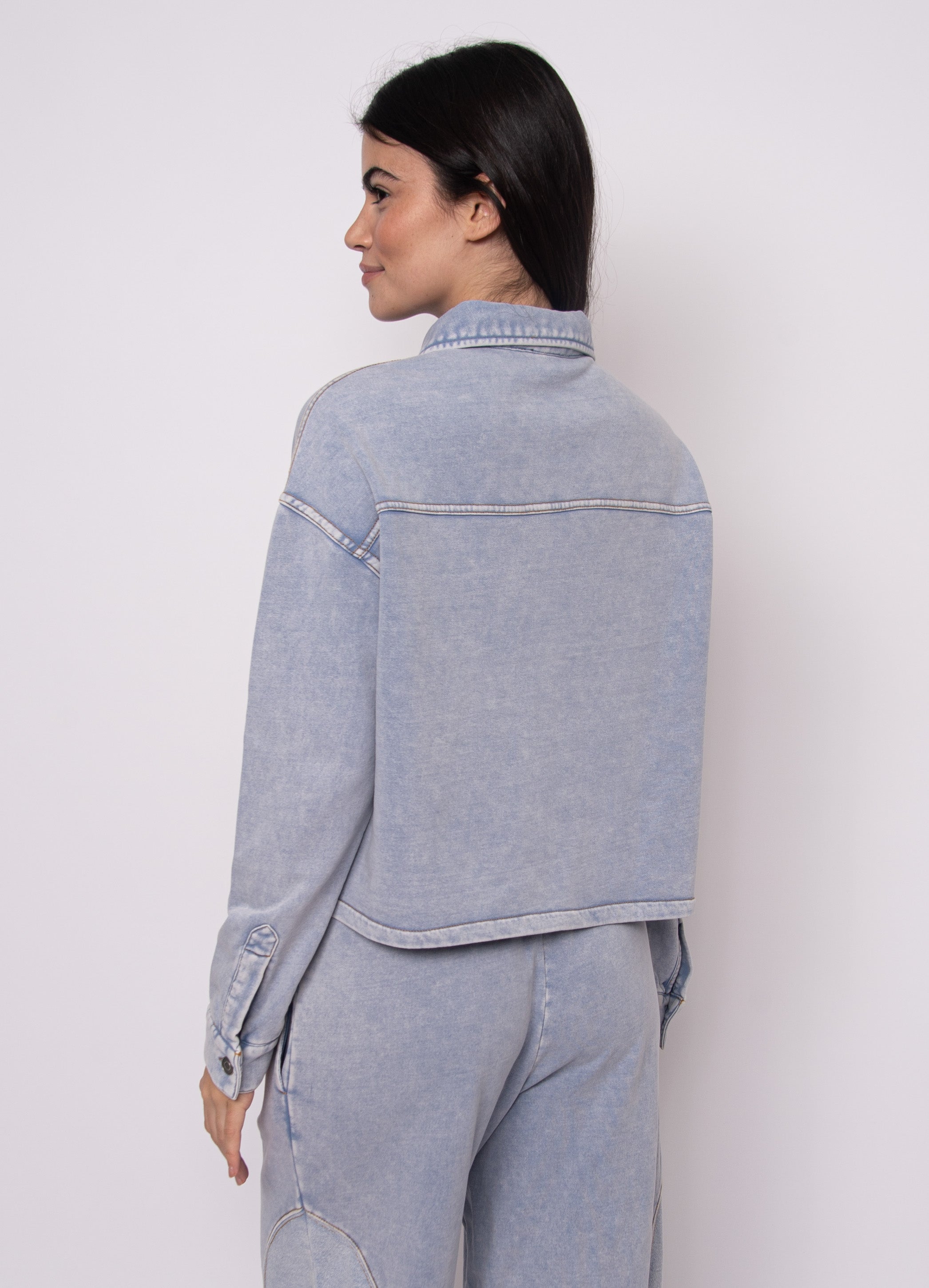 RD Nara Denim Look French Terry Button Up - Ash Blue