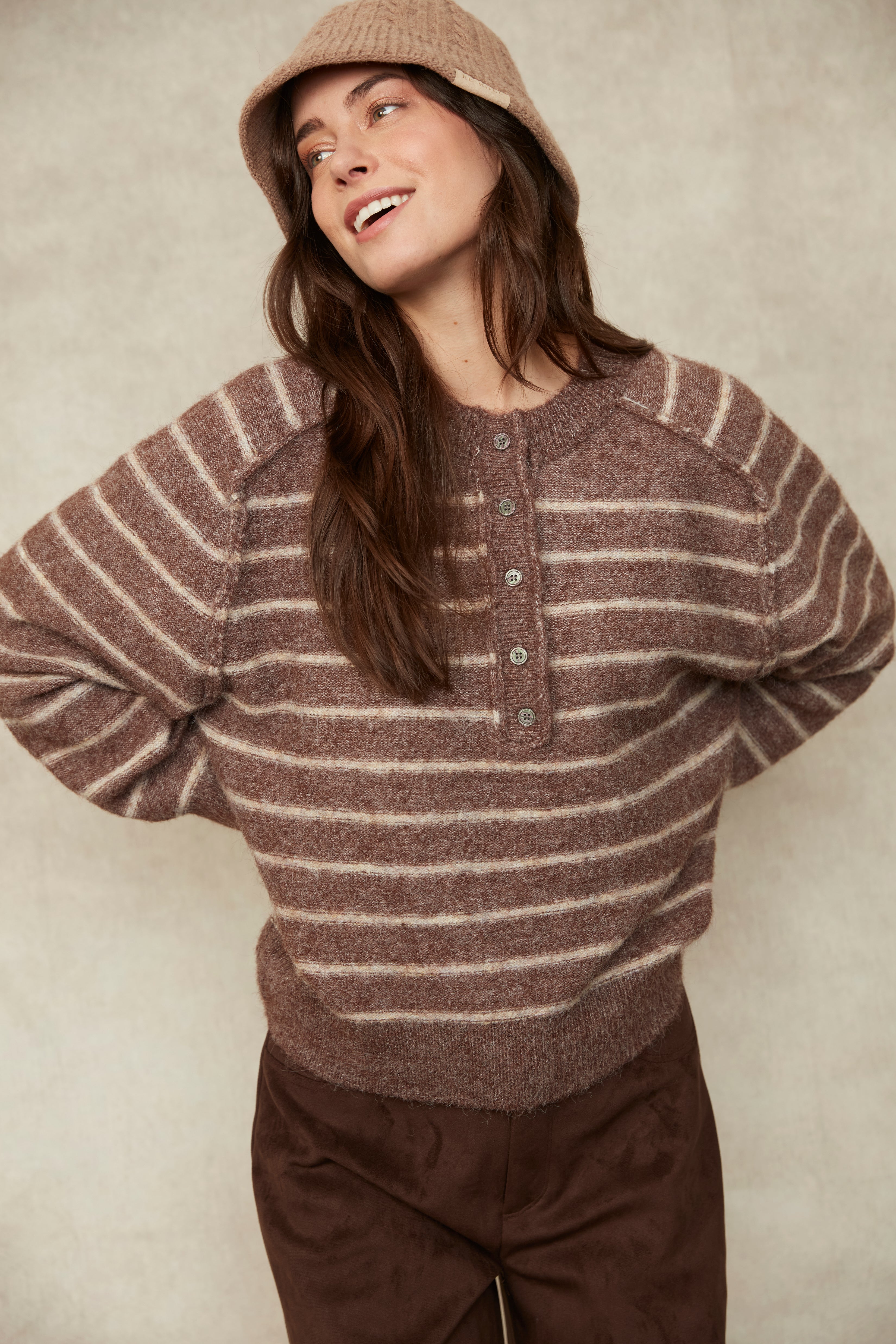 RD Suavia Striped Henley Sweater - Demitasse