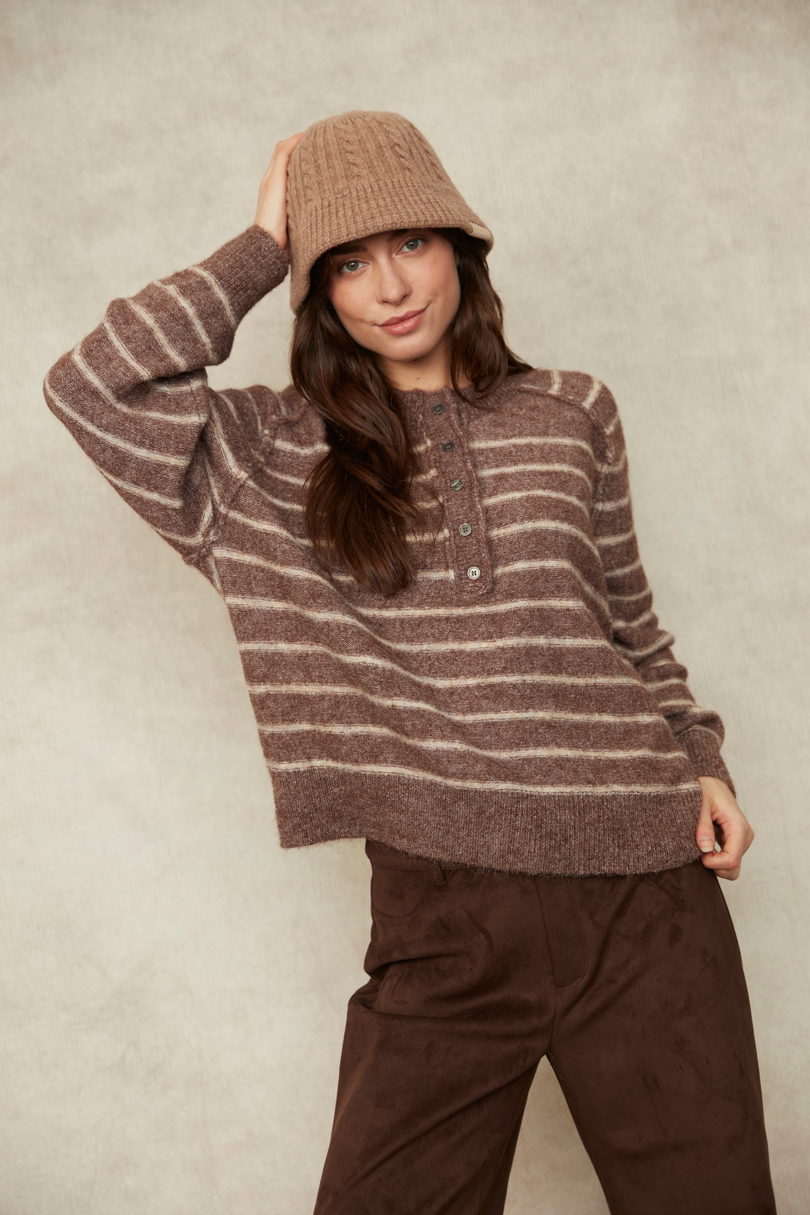 RD Suavia Striped Henley Sweater - Demitasse