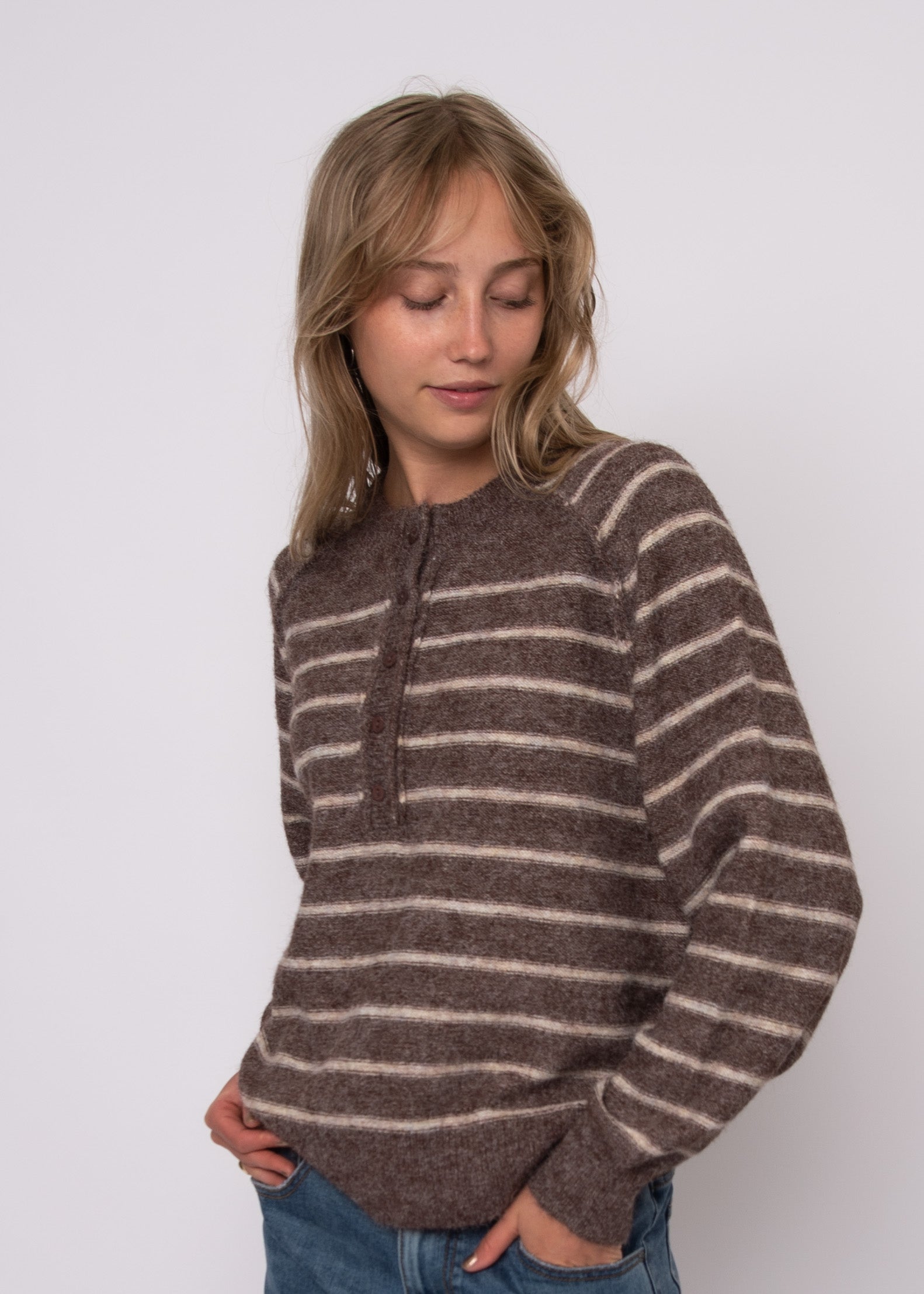 RD Suavia Striped Henley Sweater - Demitasse