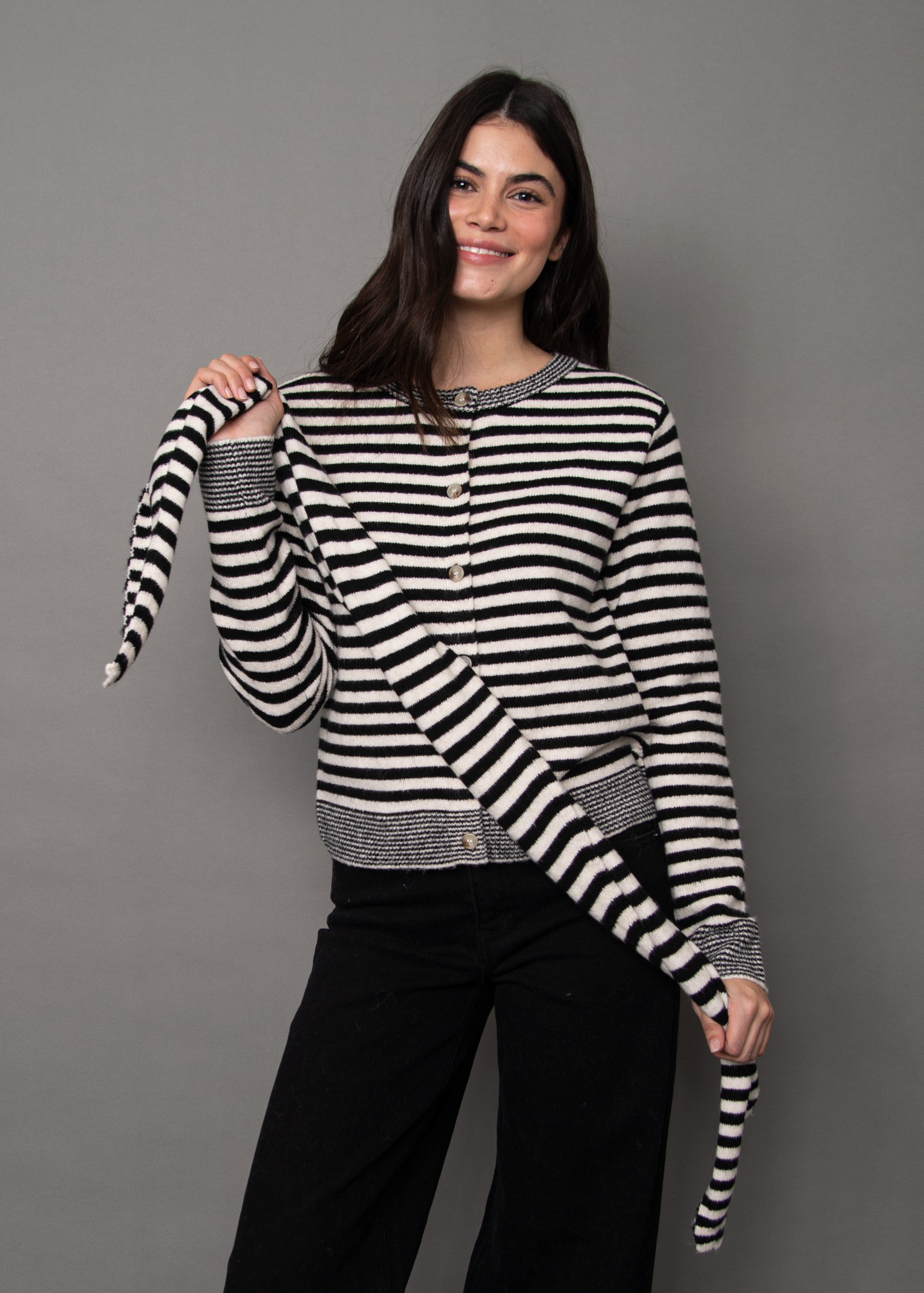 RD Neela Striped Cardi + Scarf - Winter White