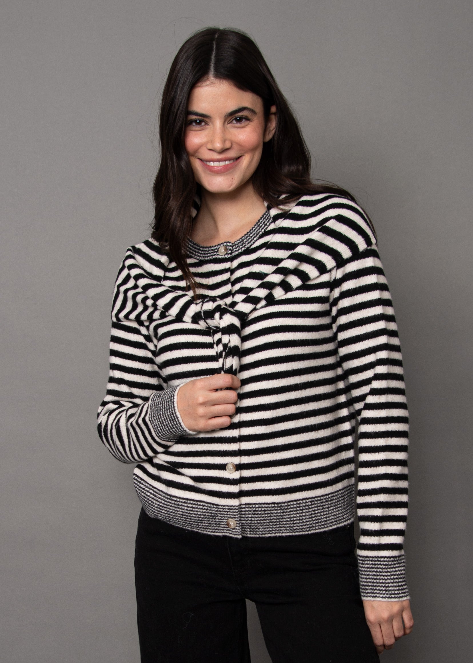 RD Neela Striped Cardi + Scarf - Winter White