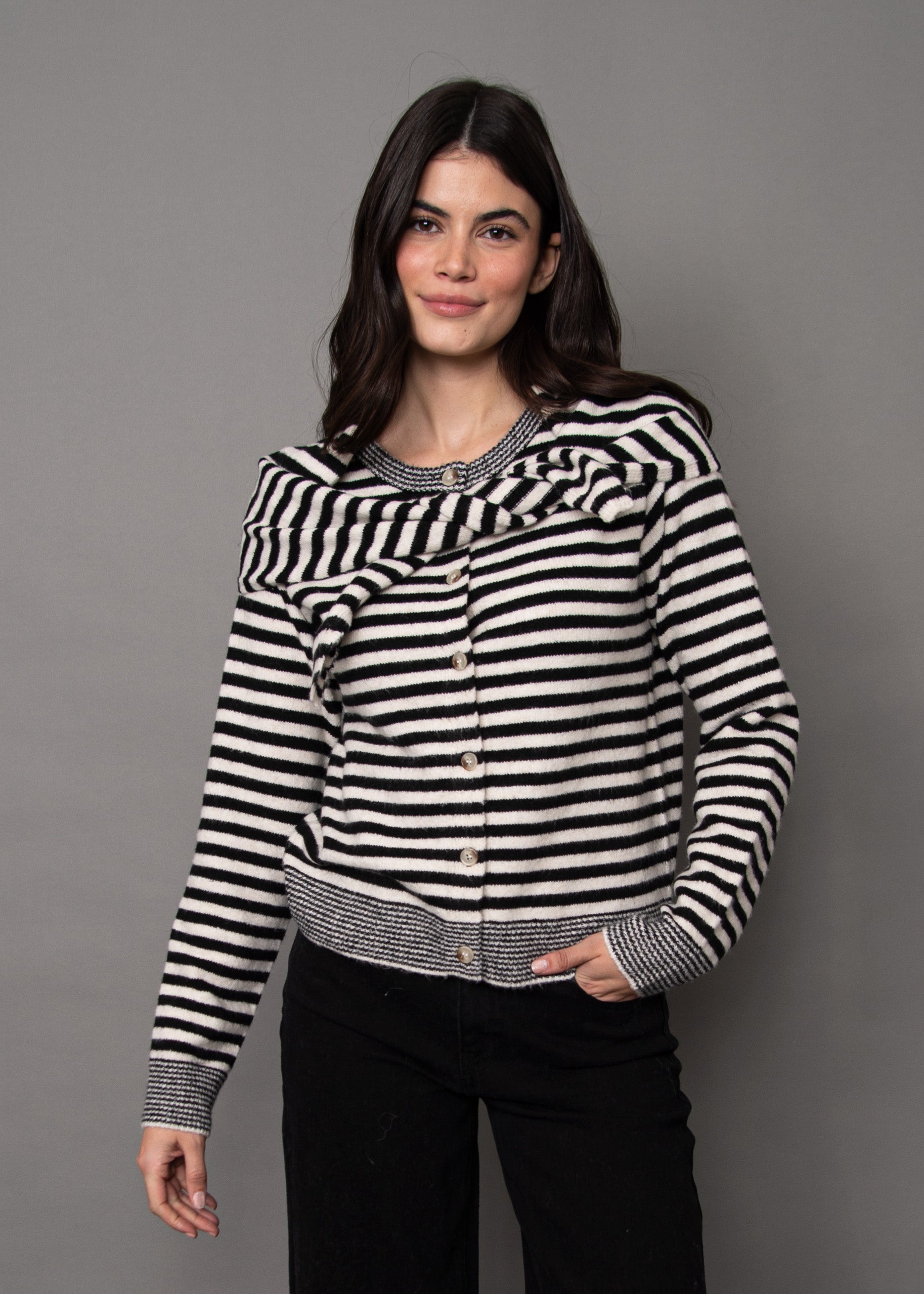 RD Neela Striped Cardi + Scarf - Winter White