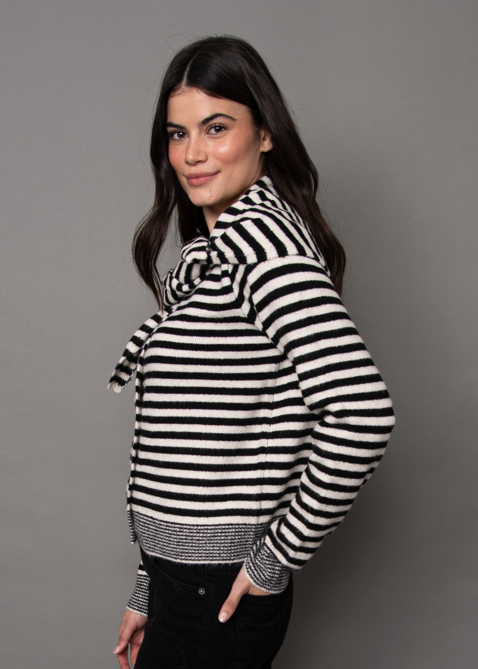 RD Neela Striped Cardi + Scarf - Winter White