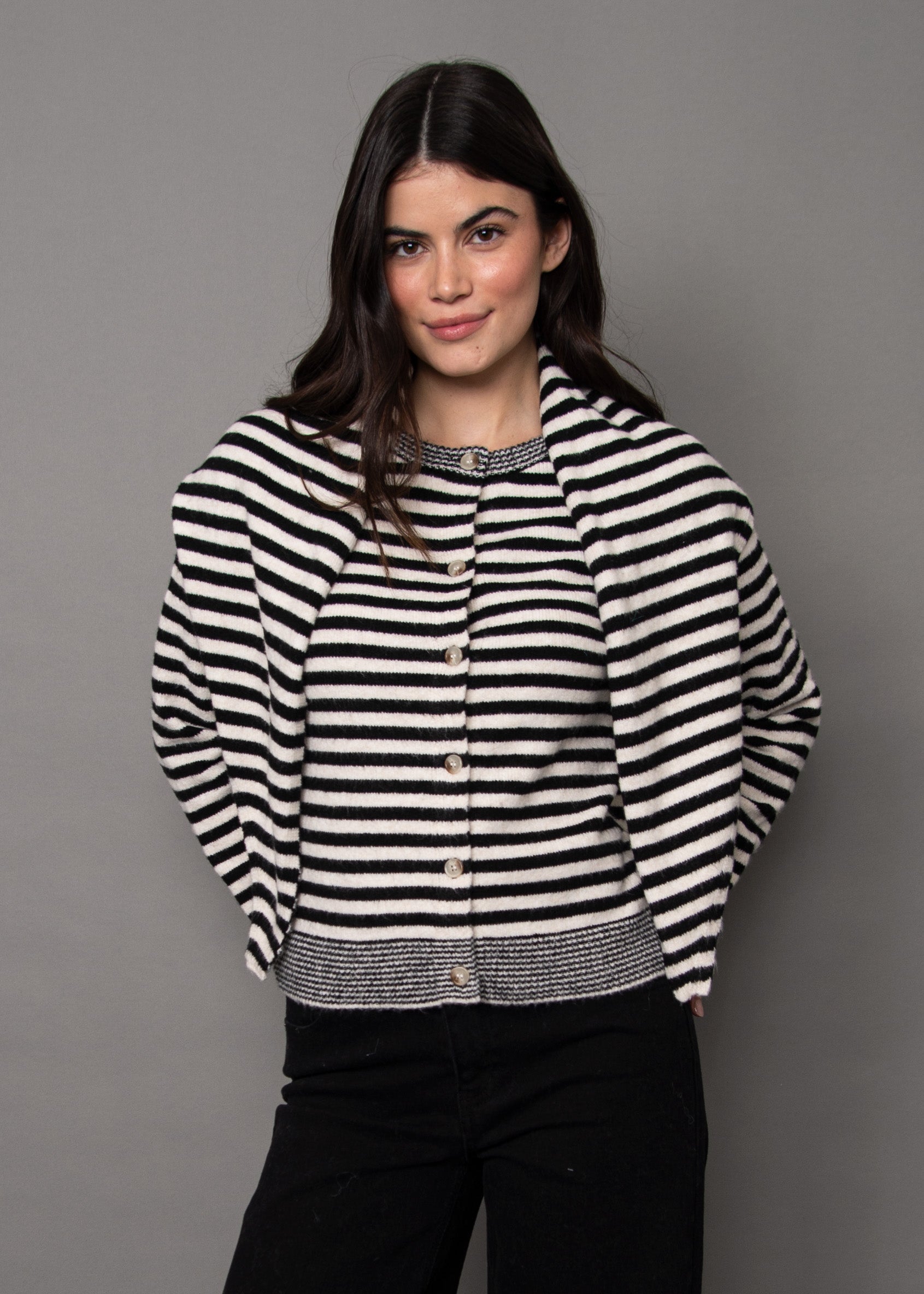 RD Neela Striped Cardi + Scarf - Winter White