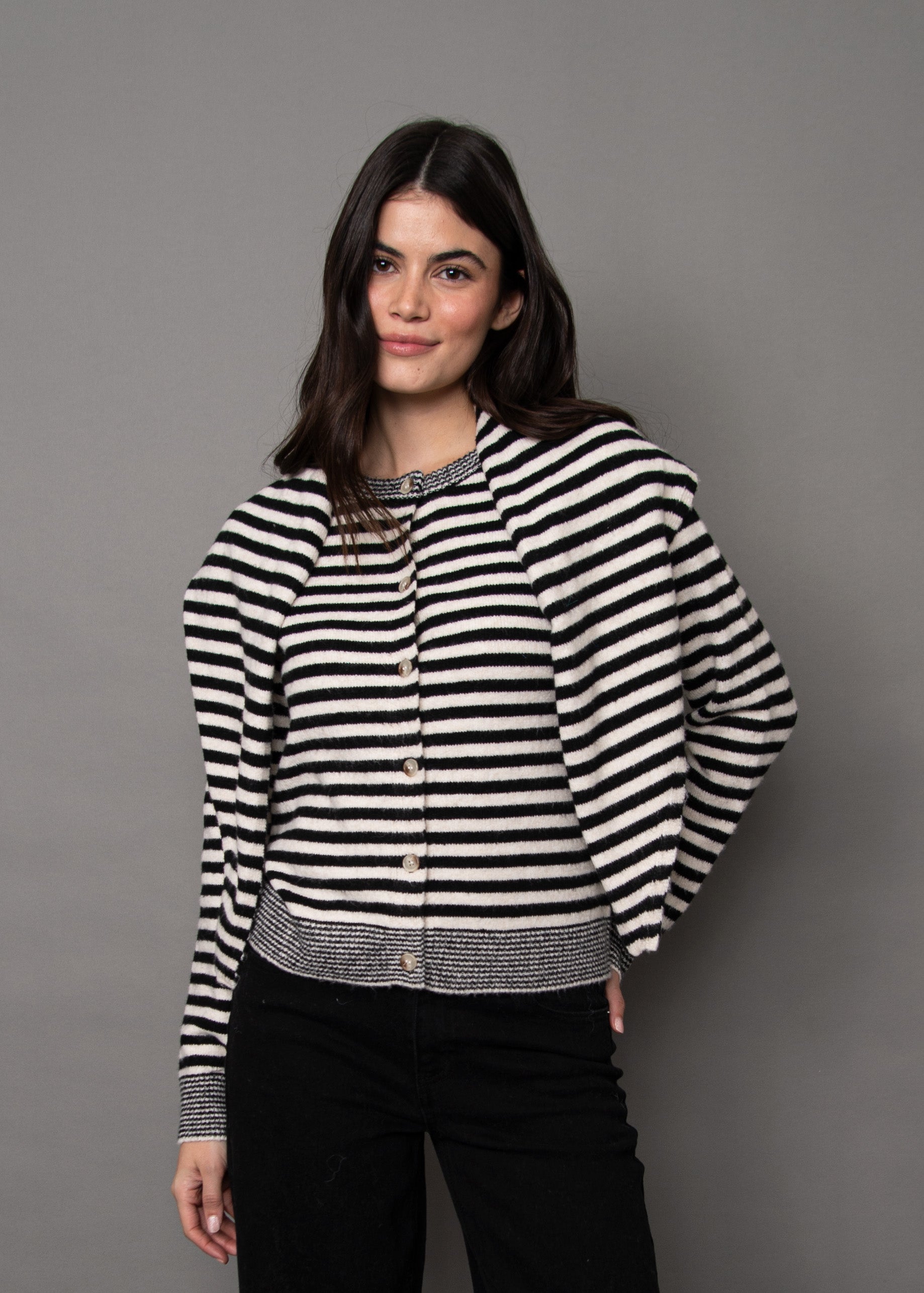 RD Neela Striped Cardi + Scarf - Winter White