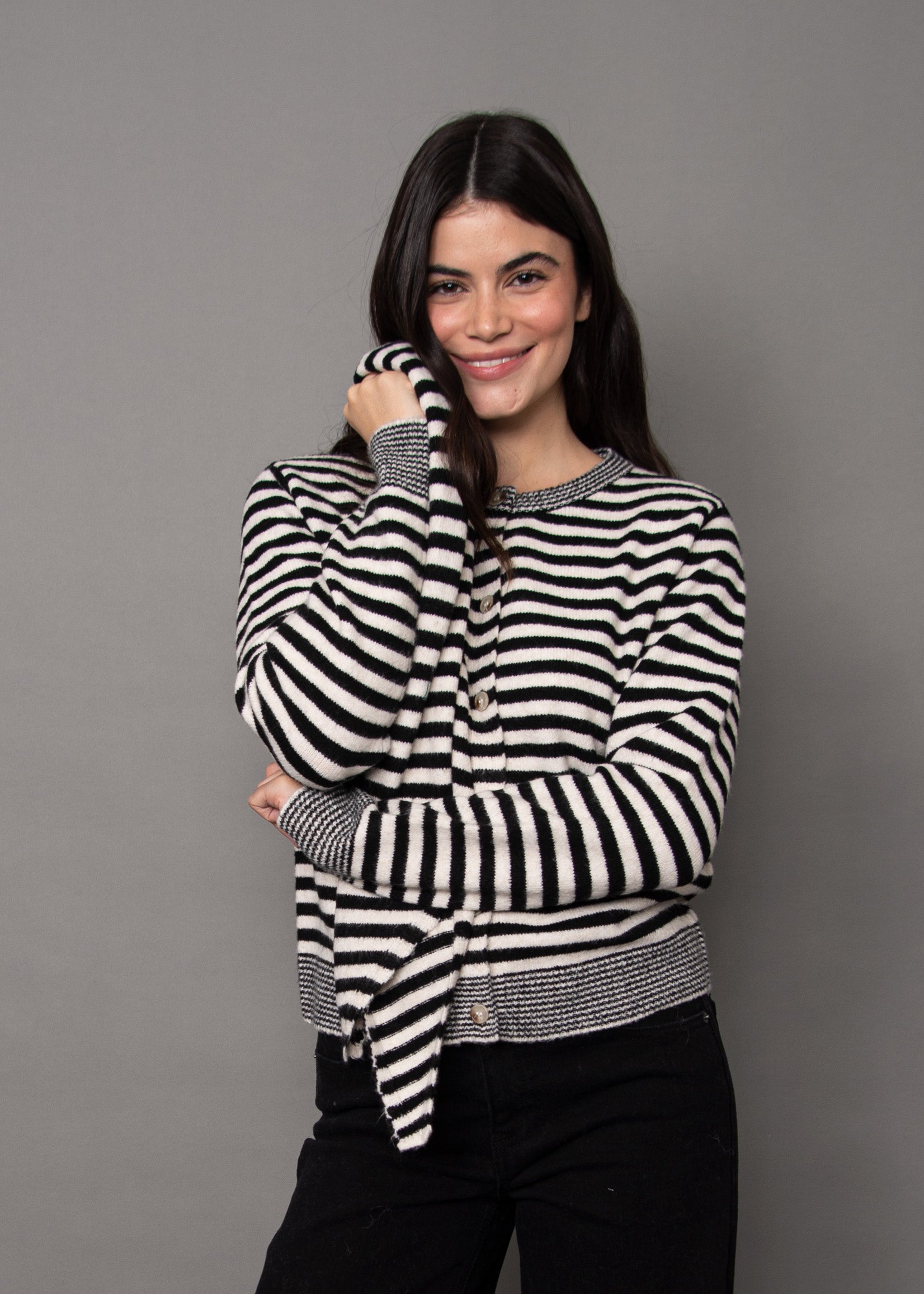 RD Neela Striped Cardi + Scarf - Winter White
