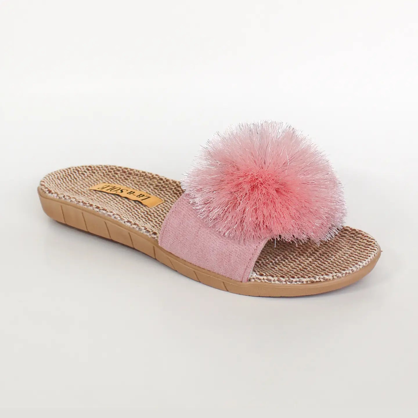 La-a SOLE Pom Pom Slides - Pink Shimmer