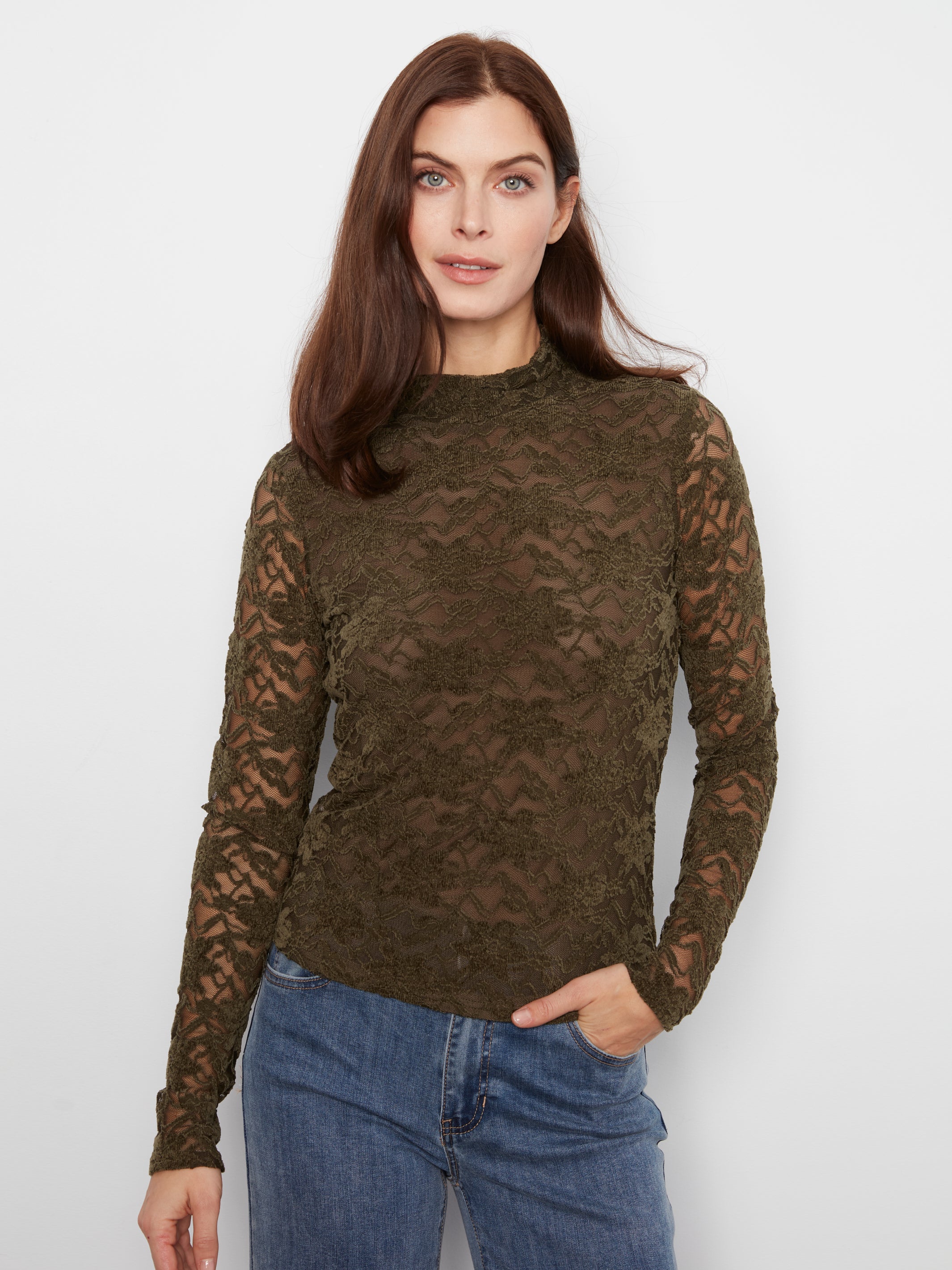 Charlie B Flocked Lace Top - Dark Olive