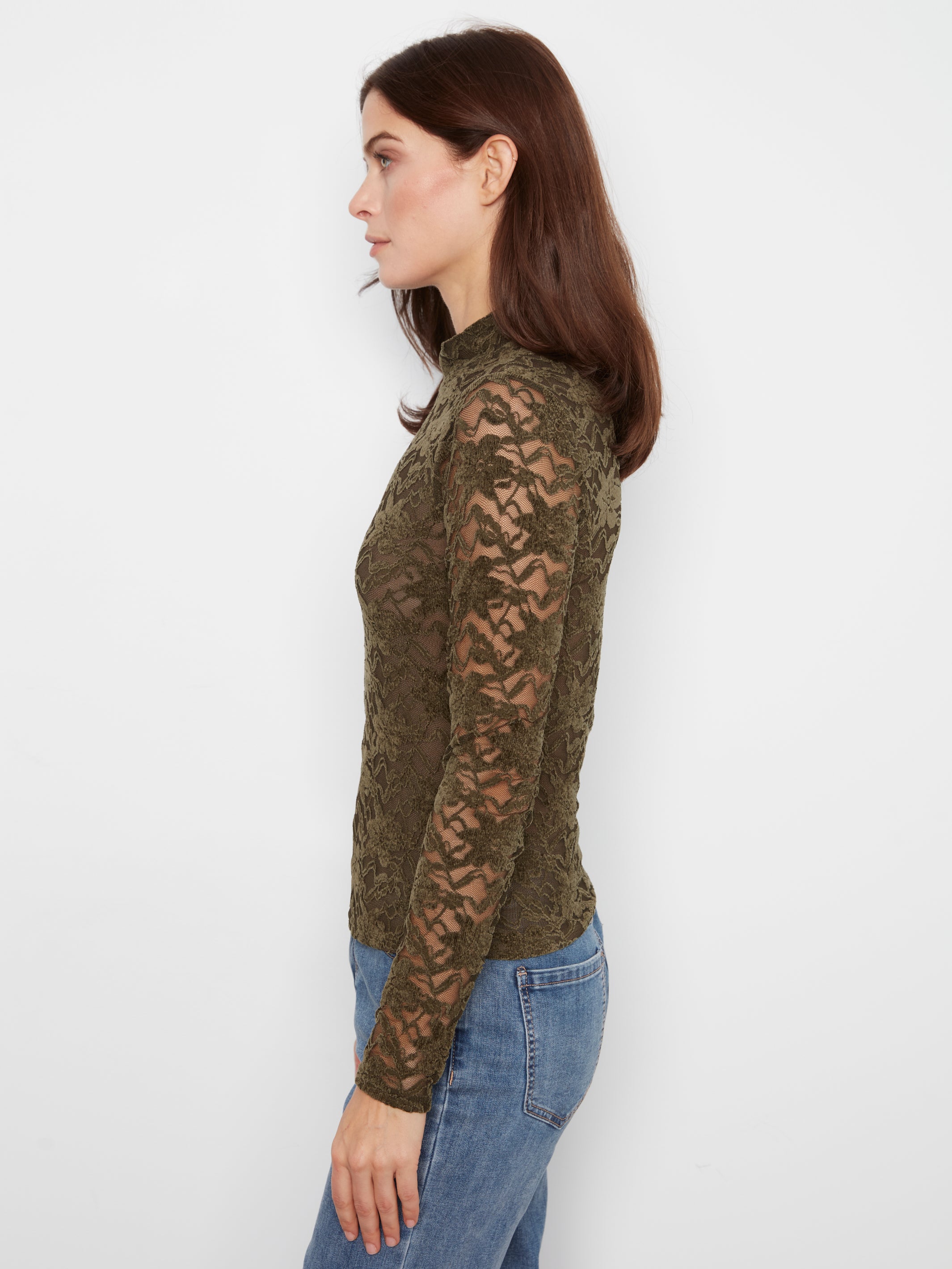 Charlie B Flocked Lace Top - Dark Olive