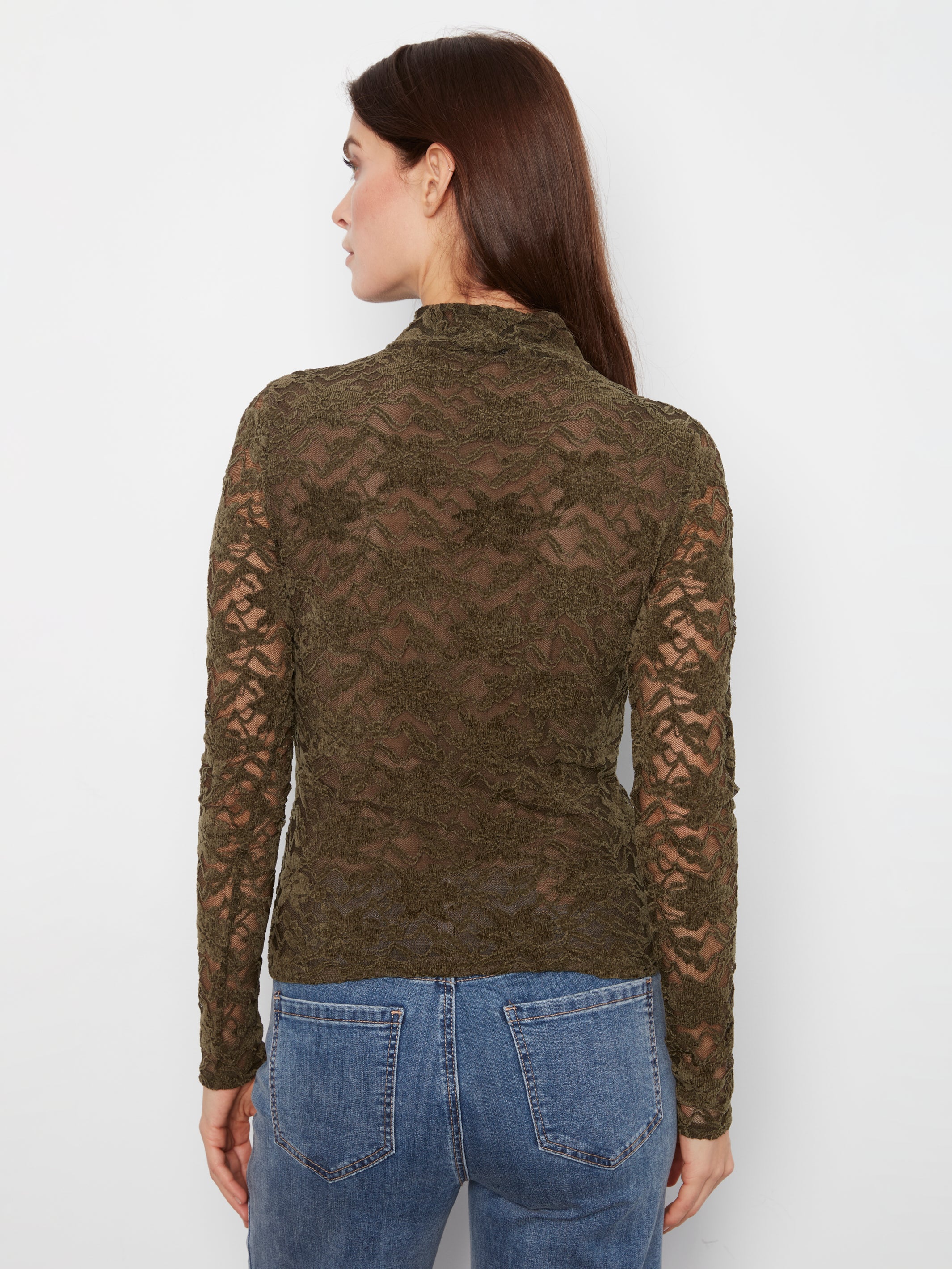 Charlie B Flocked Lace Top - Dark Olive