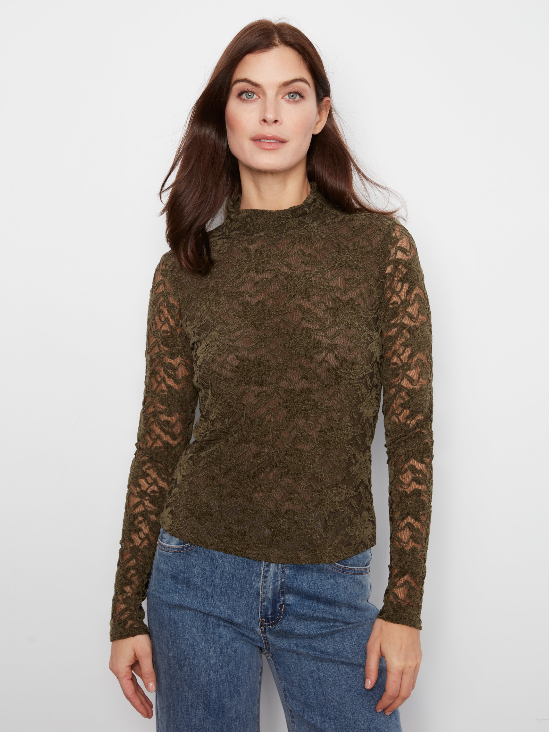 Charlie B Flocked Lace Top - Dark Olive