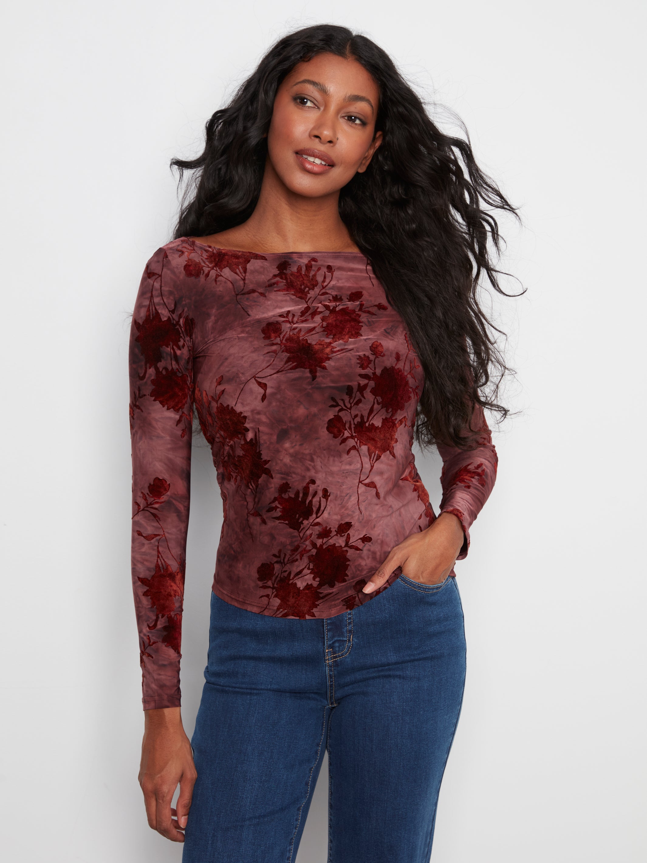 Charlie B Flocked Jersey Top - Merlot