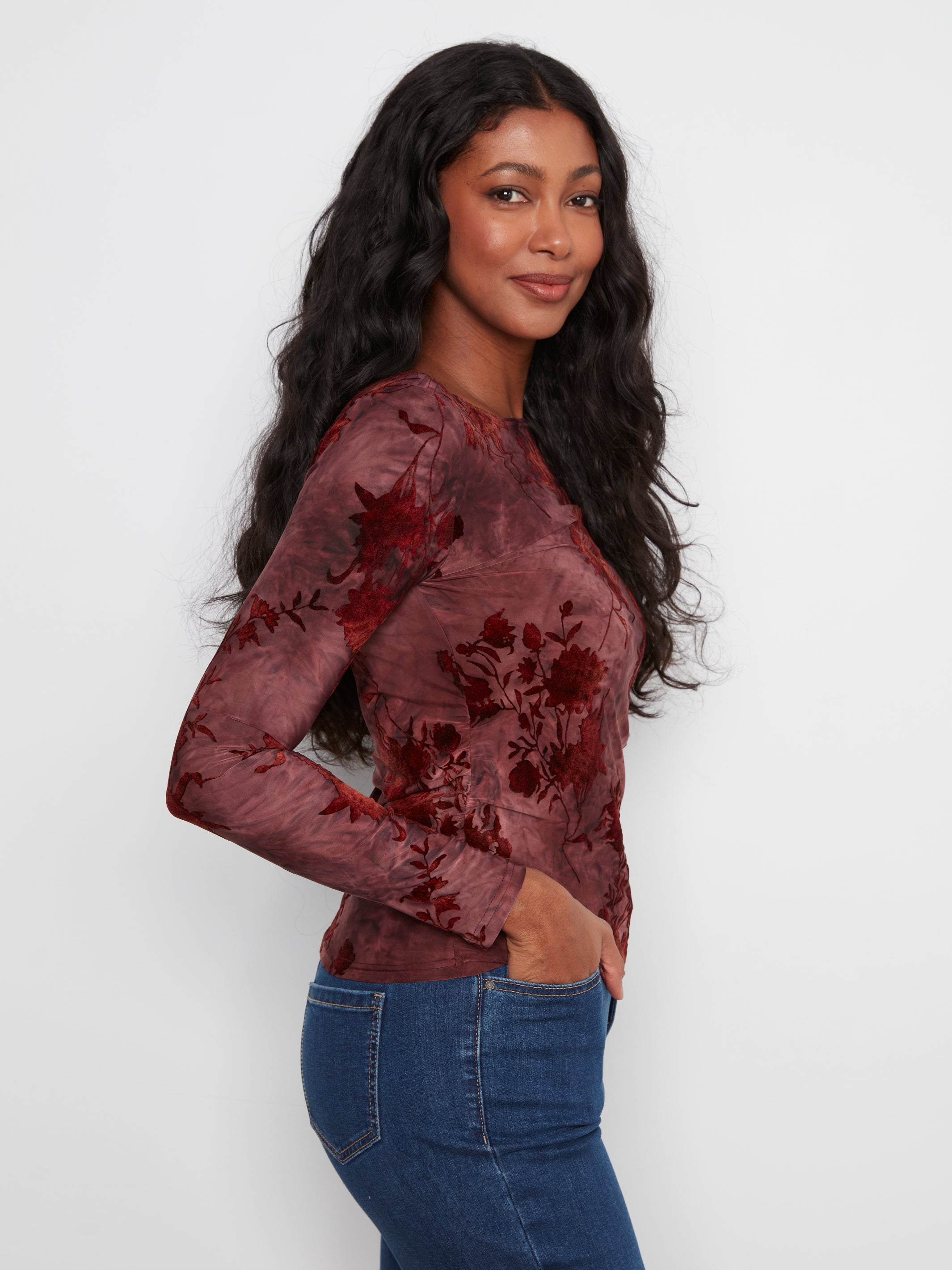 Charlie B Flocked Jersey Top - Merlot