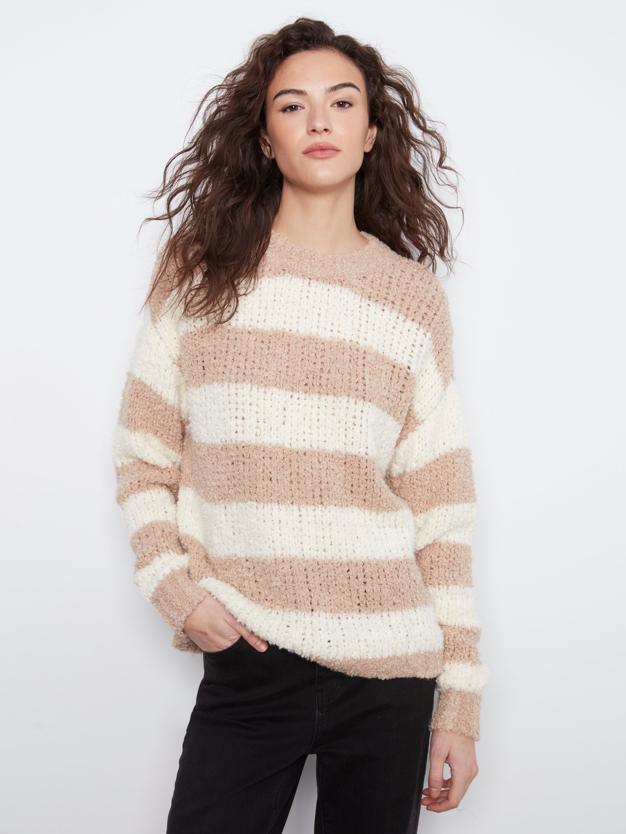 Charlie B Jana Striped Boucle Sweater - Tan