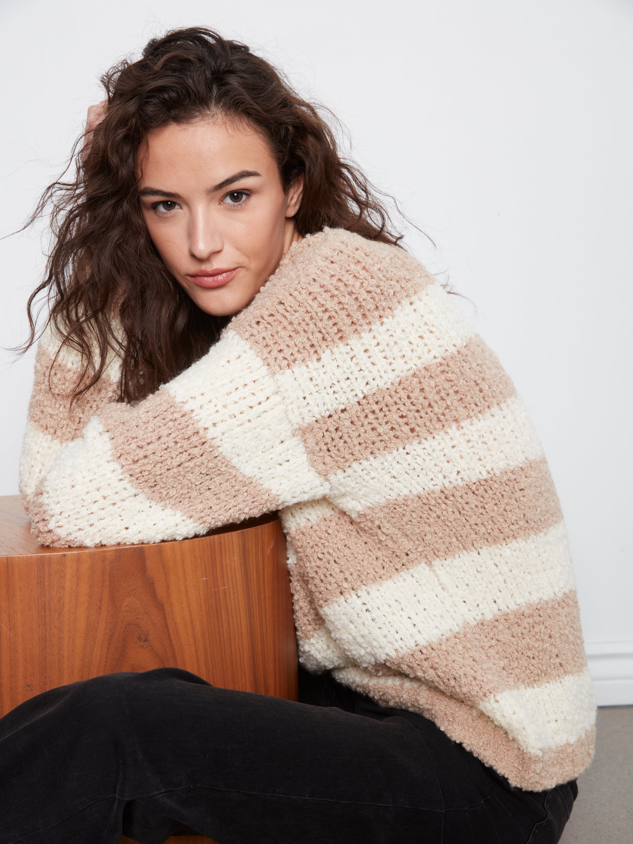 Charlie B Jana Striped Boucle Sweater - Tan