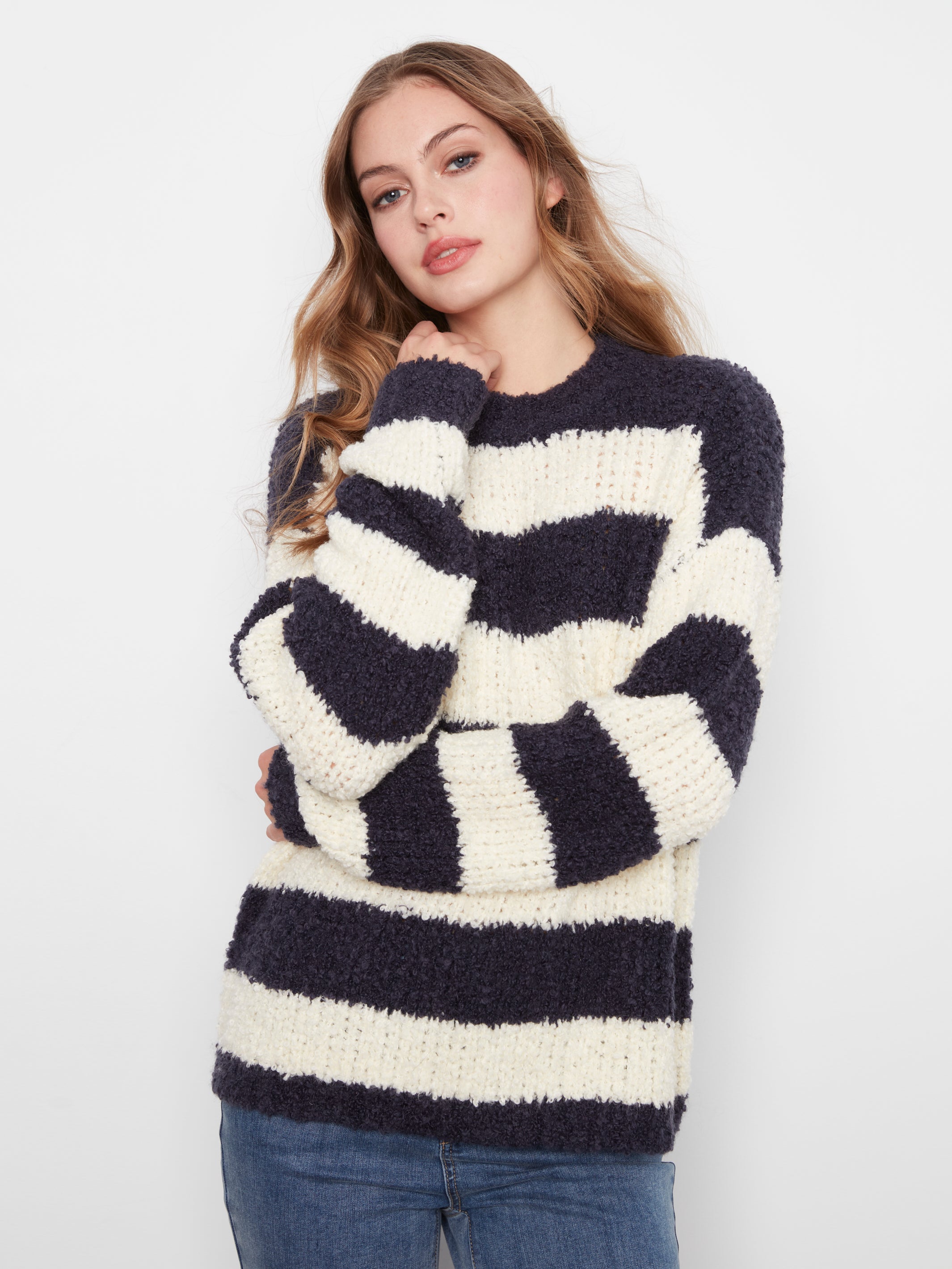 Charlie B Jana Striped Boucle Sweater - Navy