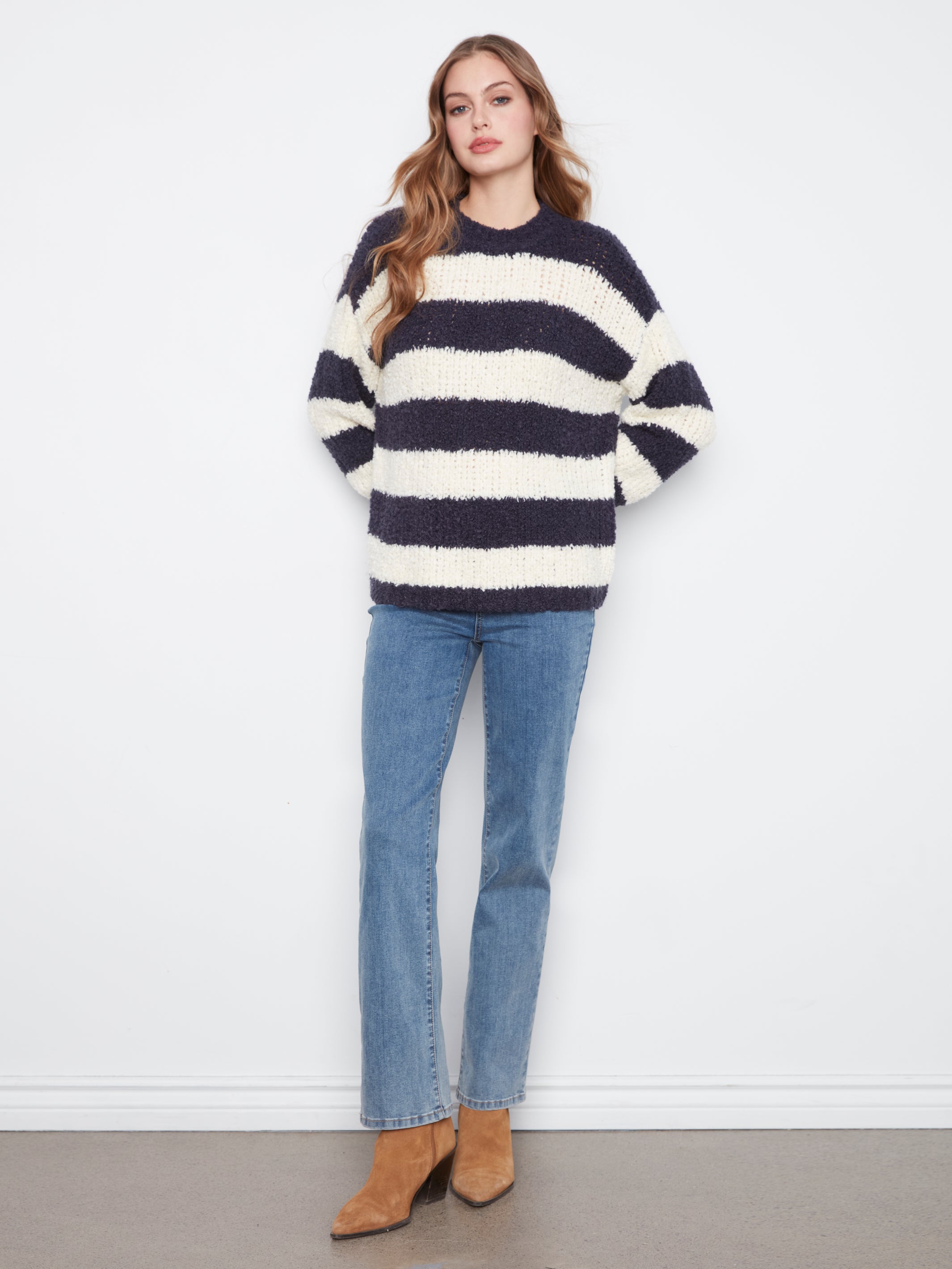 Charlie B Jana Striped Boucle Sweater - Navy