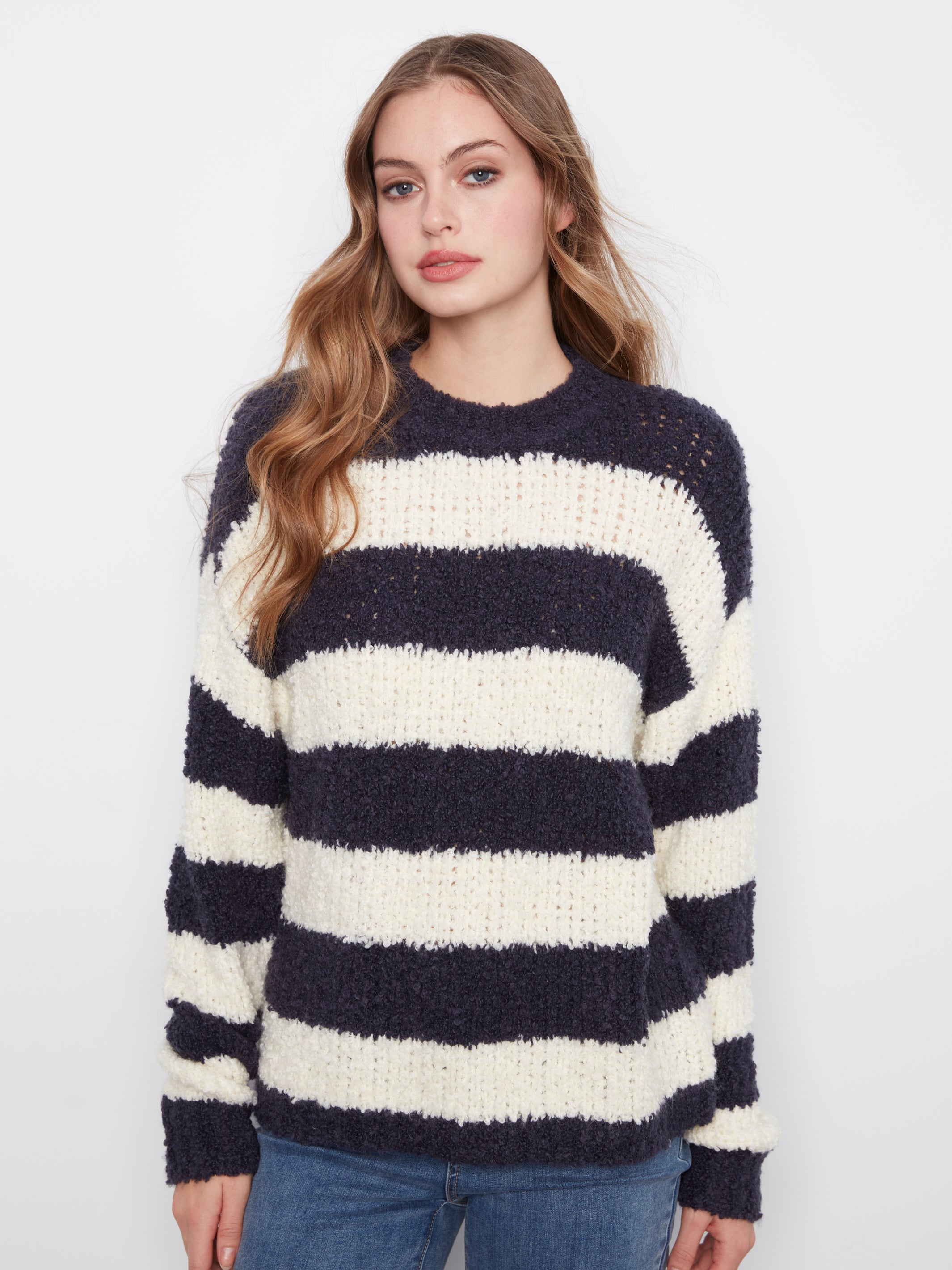 Charlie B Jana Striped Boucle Sweater - Navy