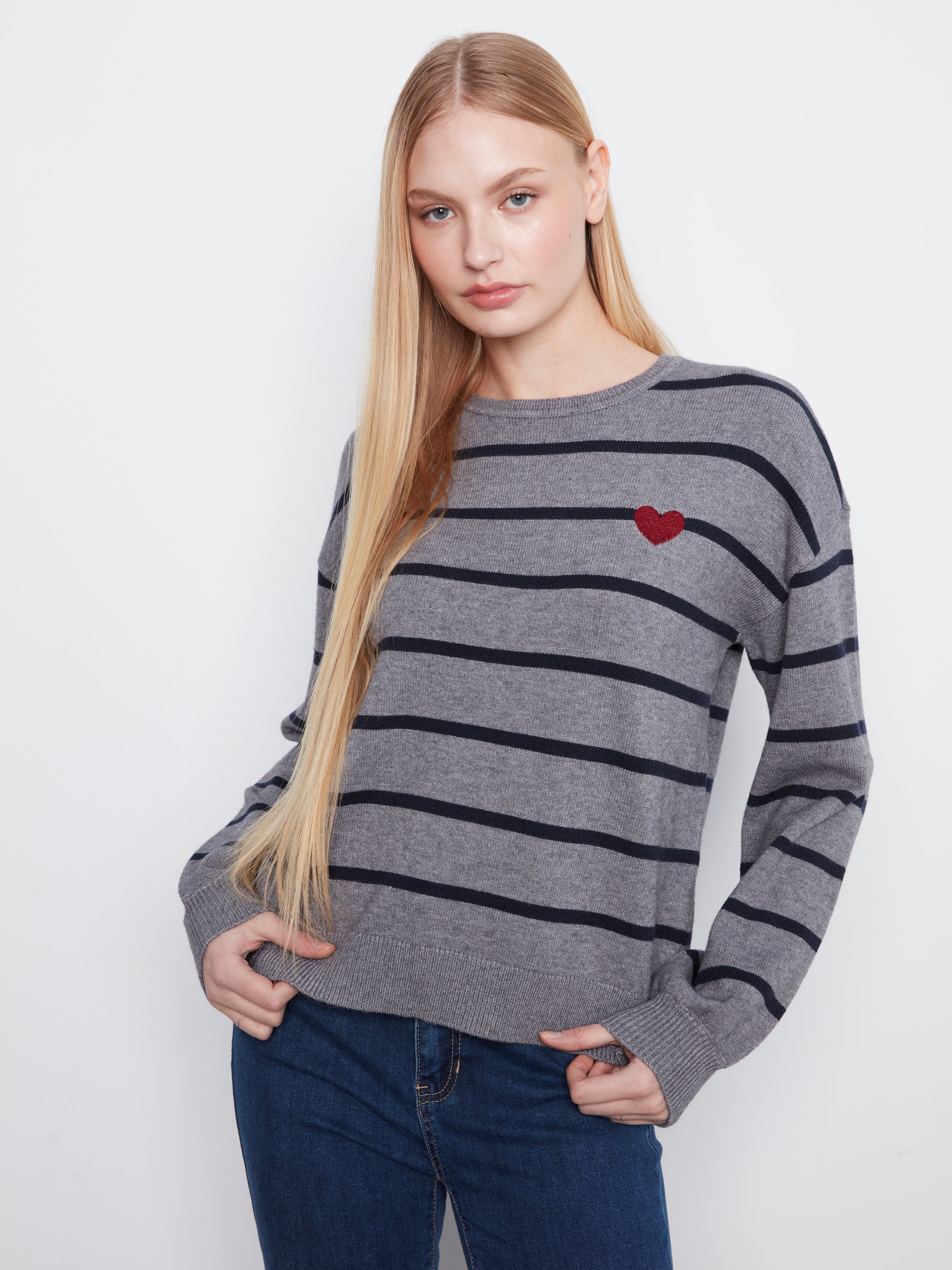 Charlie B Stripe Heart Sweater - Heather Grey