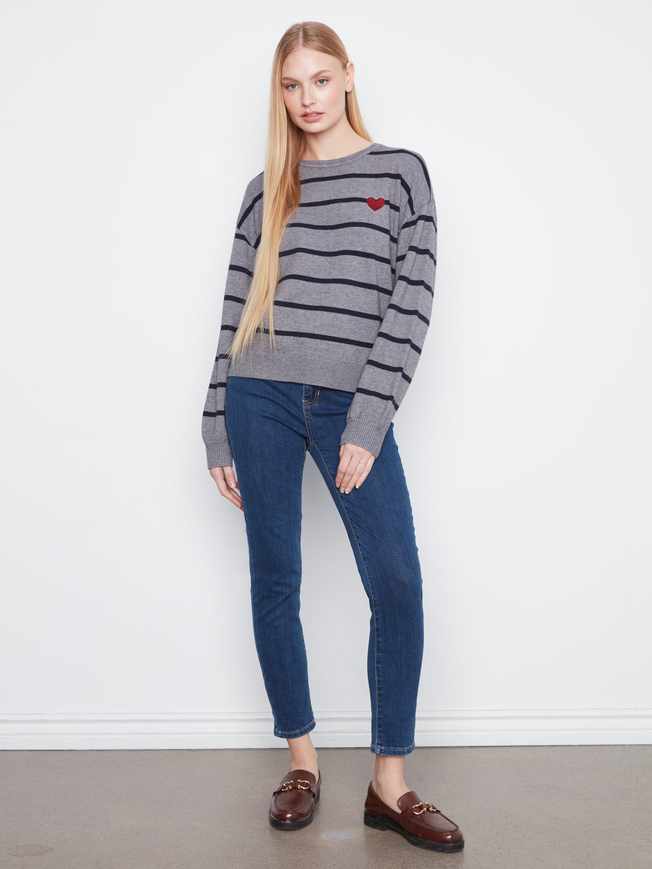 Charlie B Stripe Heart Sweater - Heather Grey