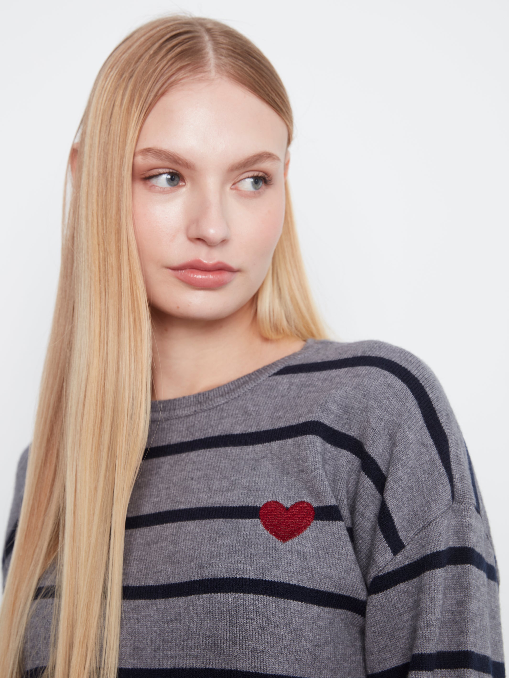 Charlie B Stripe Heart Sweater - Heather Grey