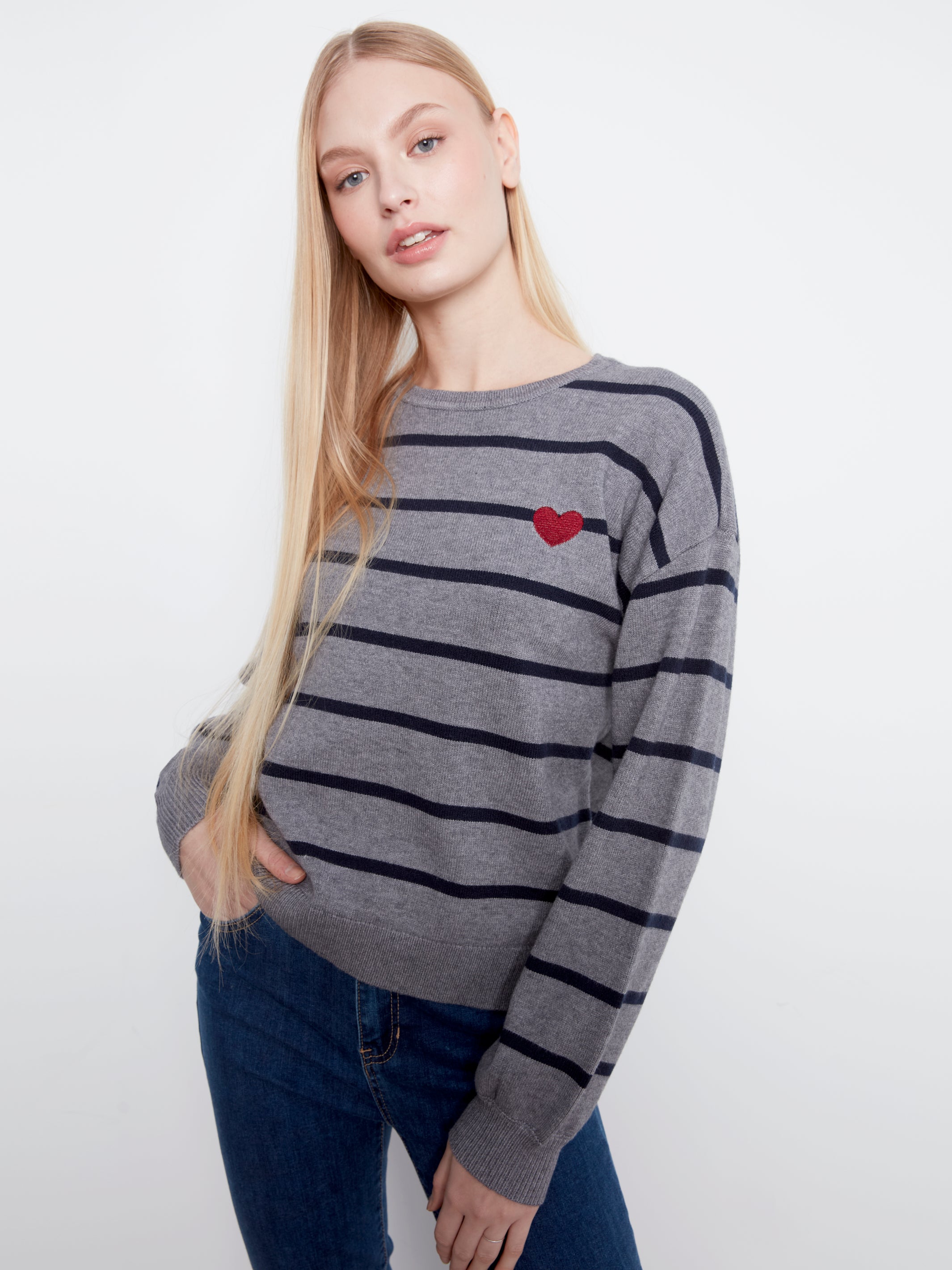 Charlie B Stripe Heart Sweater - Heather Grey