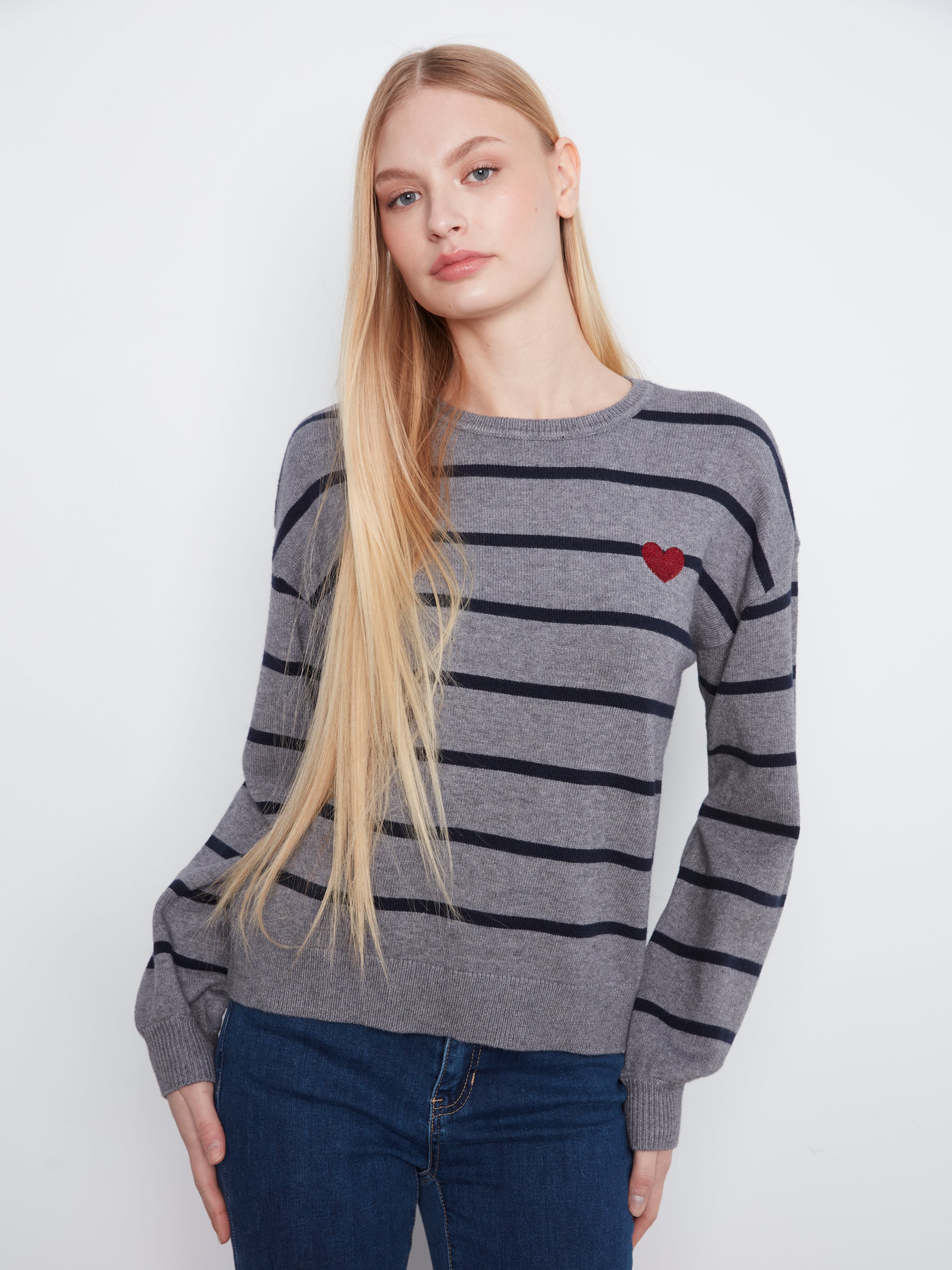 Charlie B Stripe Heart Sweater - Heather Grey