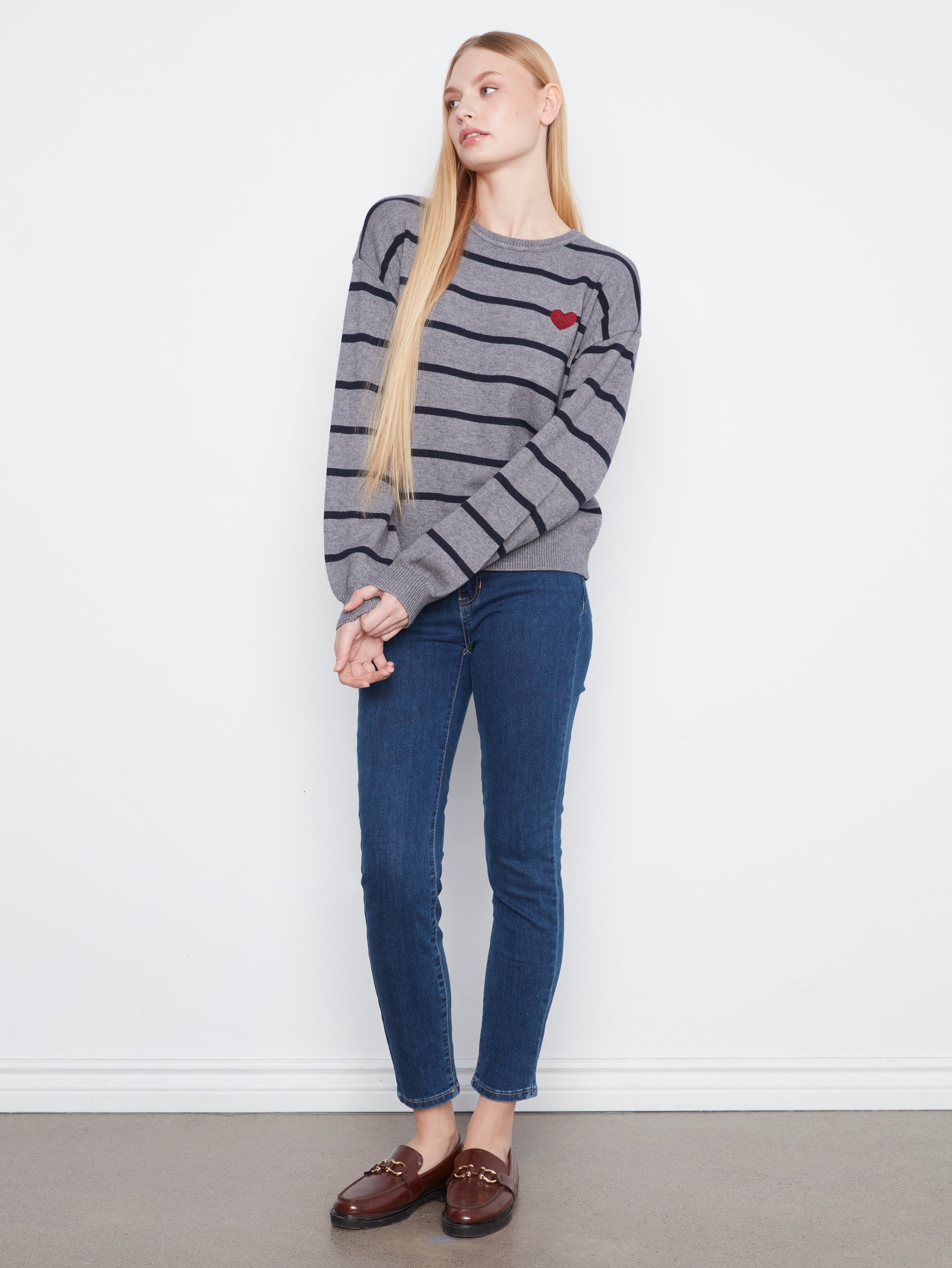 Charlie B Stripe Heart Sweater - Heather Grey