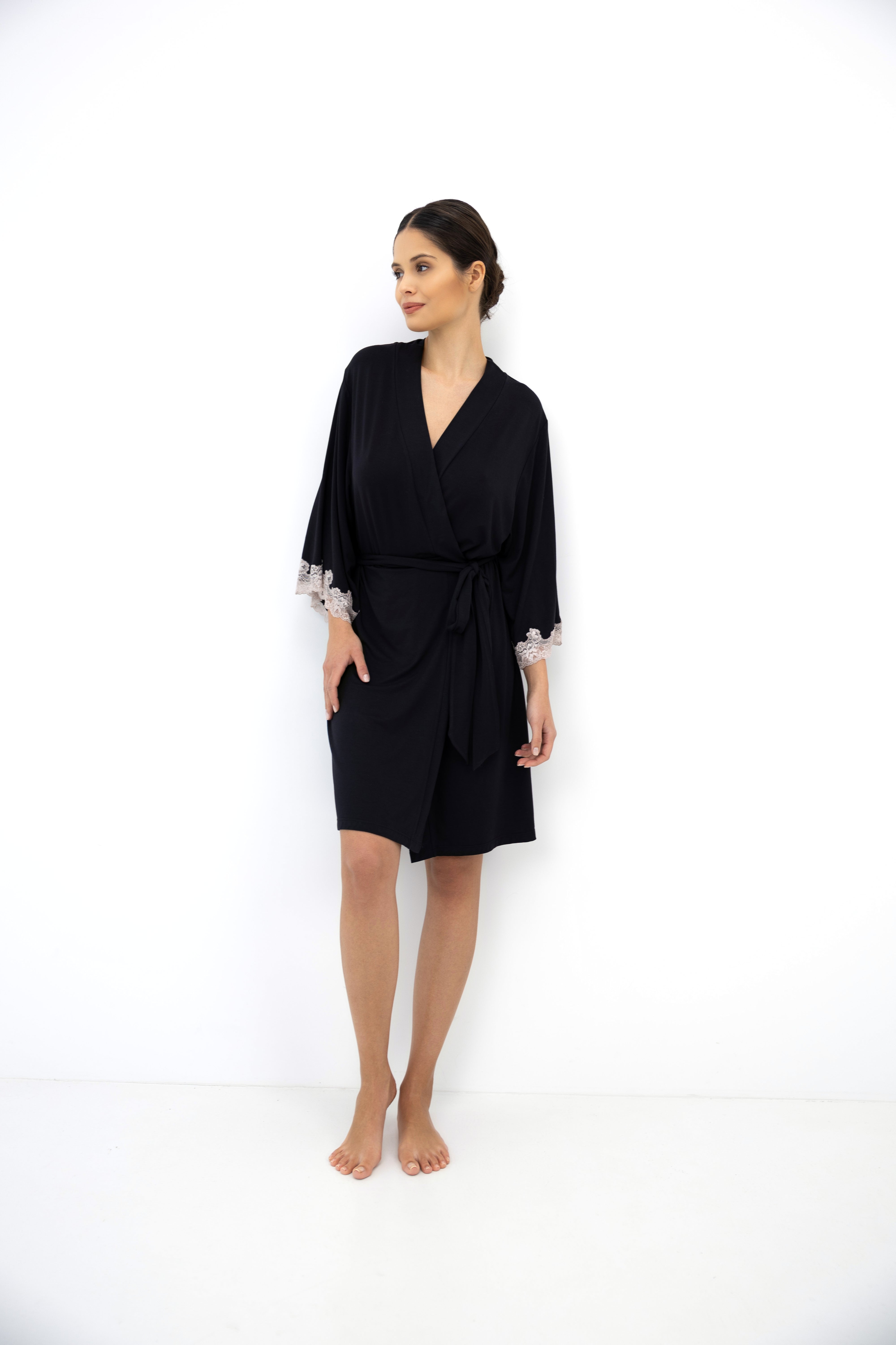 Sensis Dione Bamboo Lace Robe - Black