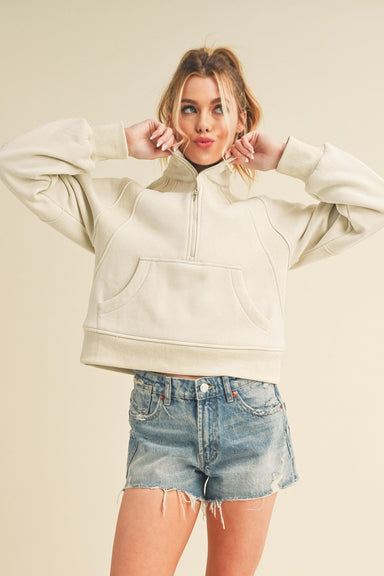 Aemi Dove 1/2 Zip Funnel Neck Sweater - Bone Clothing - Tops - Sweaters - Pullovers - Heavy Knit Pullovers by Aemi | Grace the Boutique