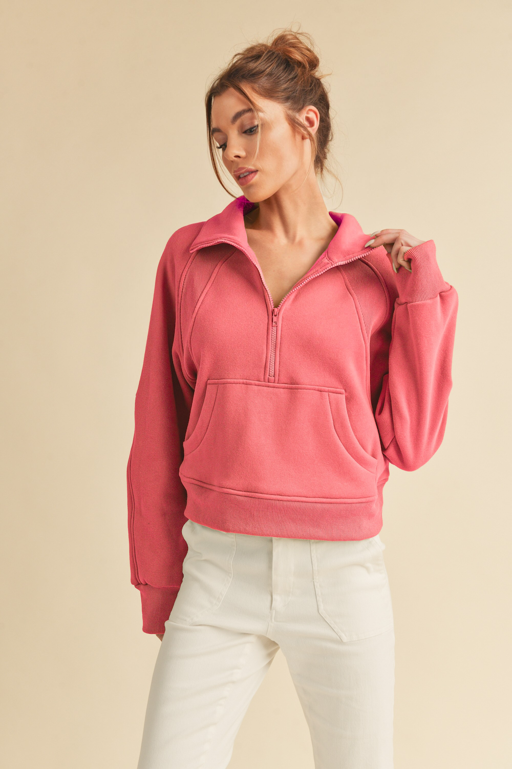 Aemi Dove 1/2 Zip Funnel Neck Sweater - Coral Clothing - Tops - Sweaters - Pullovers - Heavy Knit Pullovers by Aemi | Grace the Boutique