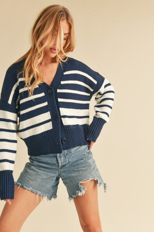 Aemi Latoya Knitted Cardi - Navy/White Clothing - Tops - Sweaters - Cardigans by Aemi | Grace the Boutique