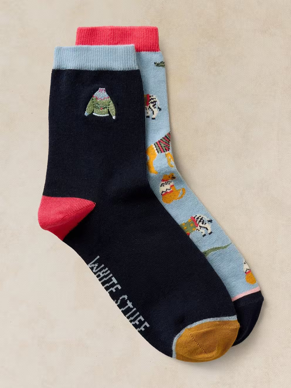 White Stuff 2PK Animal Christmas Sweater Socks - Blue