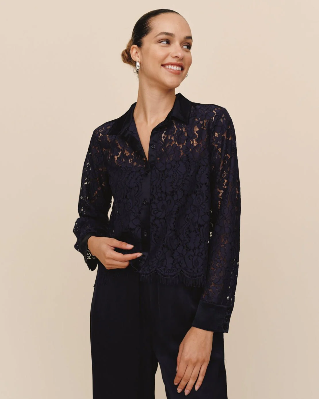 Bella Dahl Lace Contrast Buttondown - Midnight Sky