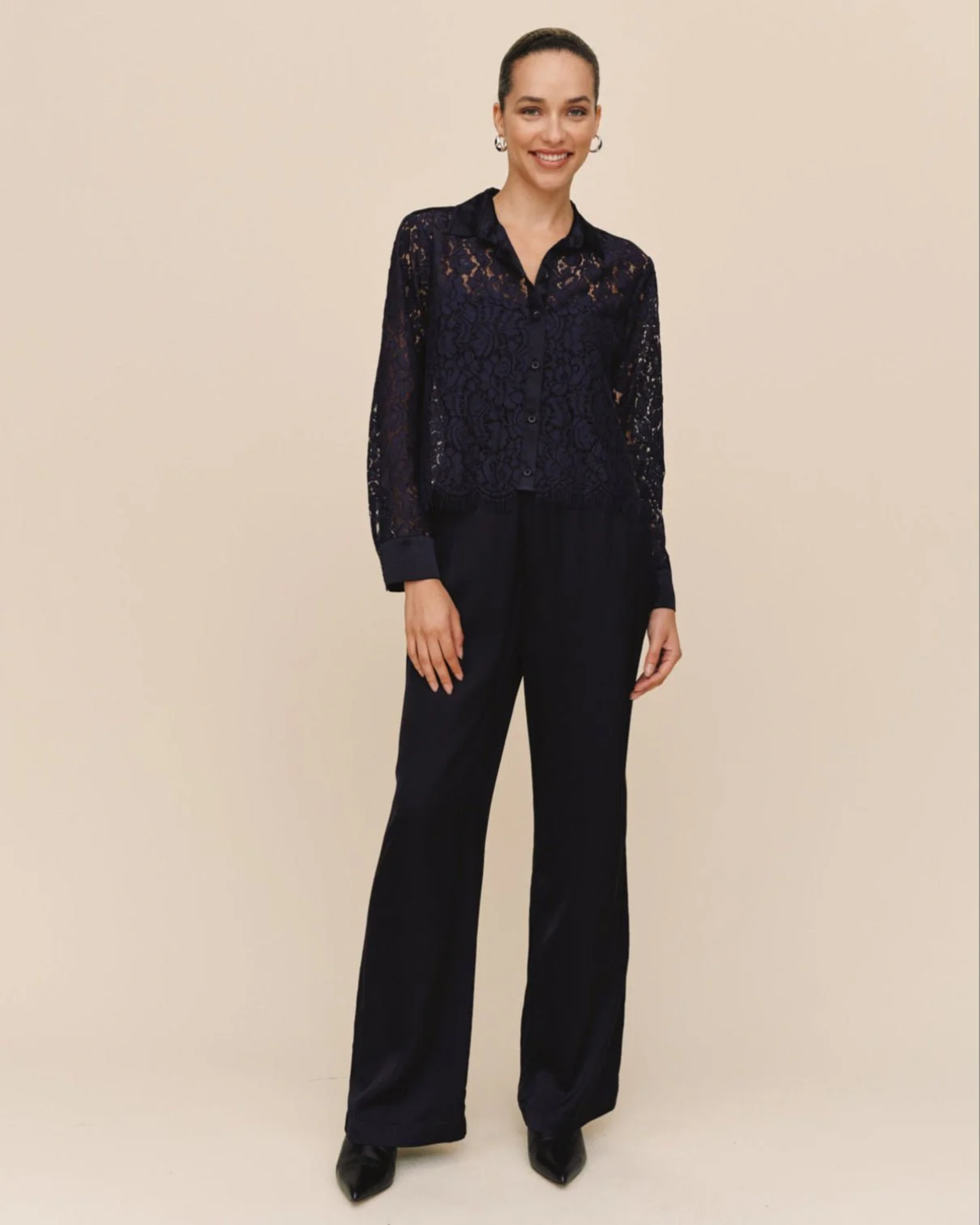 Bella Dahl Lace Contrast Buttondown - Midnight Sky