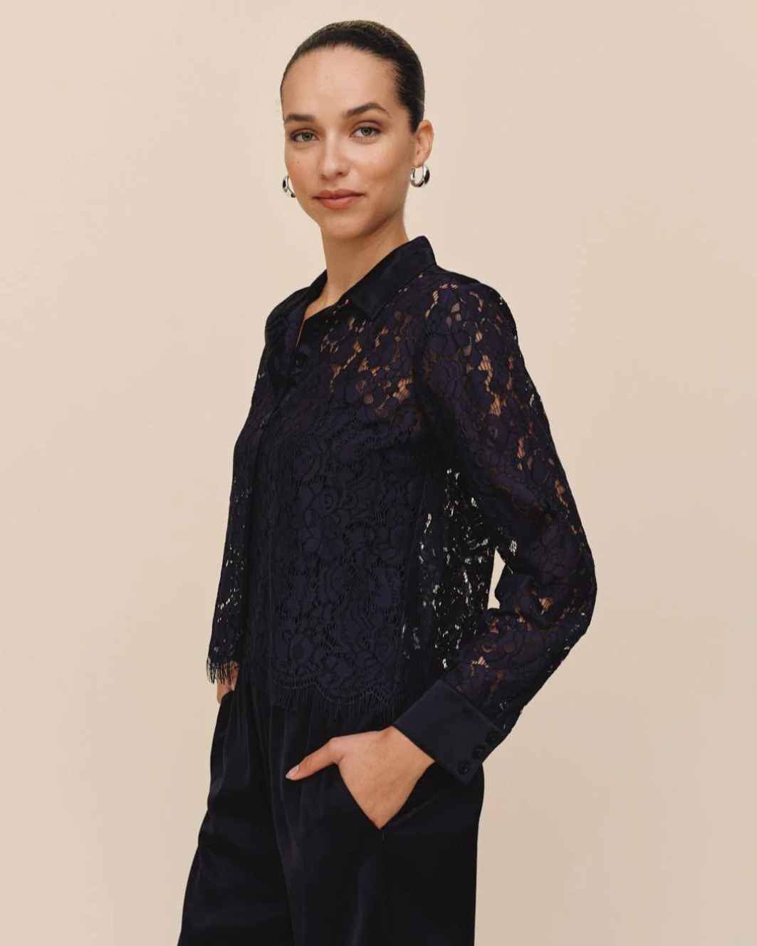 Bella Dahl Lace Contrast Buttondown - Midnight Sky