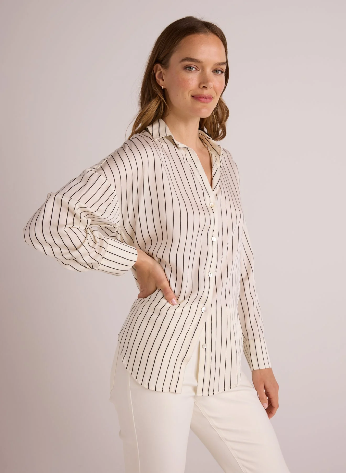 Bella Dahl Oversized Button Down - Ivory Lurex Stripe Clothing - Tops - Shirts - Blouses - Blouses Top Price by Bella Dahl | Grace the Boutique