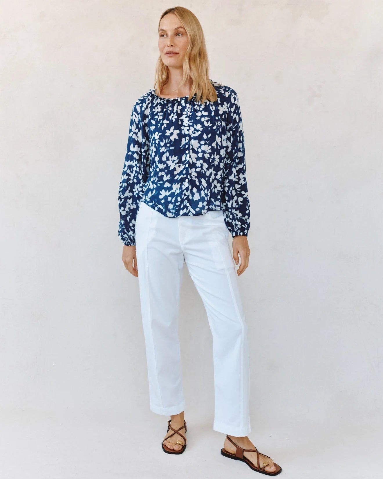 Bella Dahl Ruffle Neck Raglan Buttondown - Indigo Bloom Print