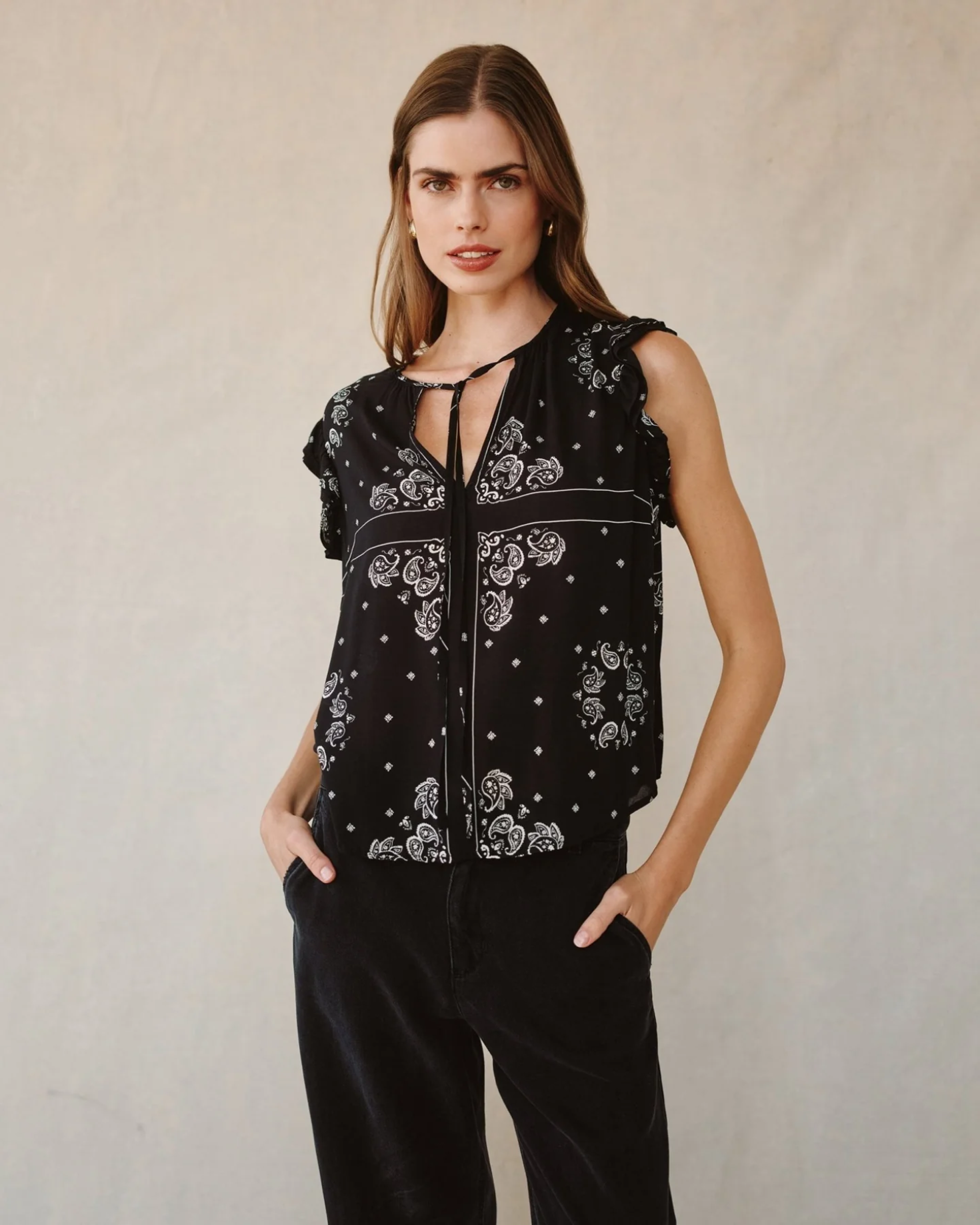 Bella Dahl Ruffle Sleeve Tie Neck - Bandana Print